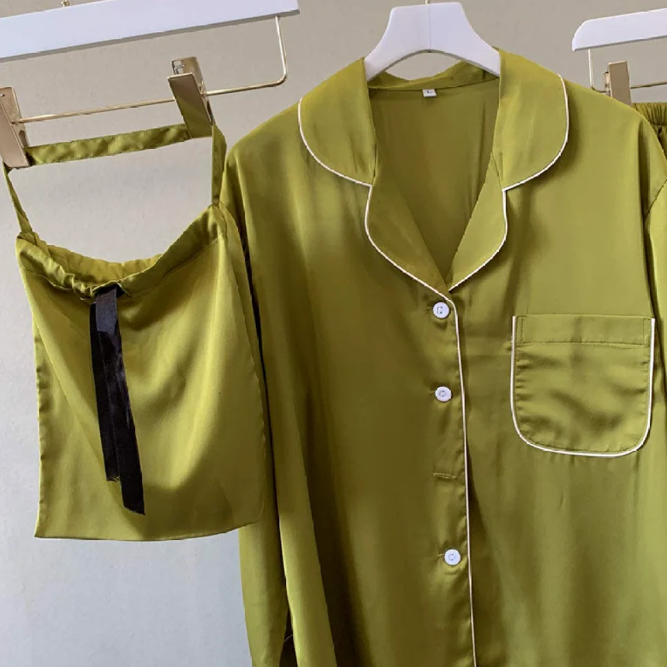 YUHOOE Pijamas De Mujer,Conjuntos De Pijamas Sexy De Satén De Seda para Mujeres Pijamas De Manga Larga De Lujo Europeo Ropa De Dormir Pijama con Botones 2 Piezas Pijama con Bolsa,Verde,XL