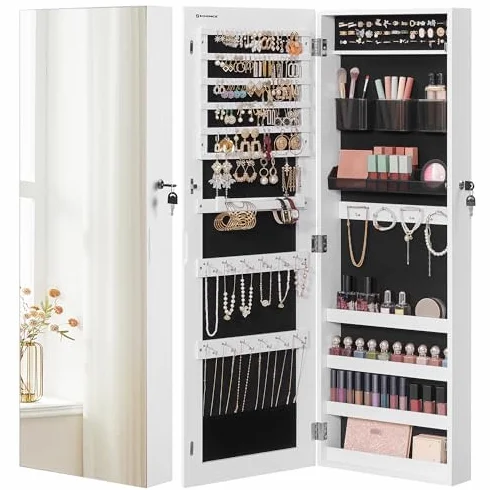SONGMICS Armario Joyero, Espejo Joyero Montado en la Pared o en la Puerta, Espejo Colgante con Cerradura, 2 Organizadores de Maquillaje de Plástico Extraíbles, Idea de Regalo, Blanco JJC001W01