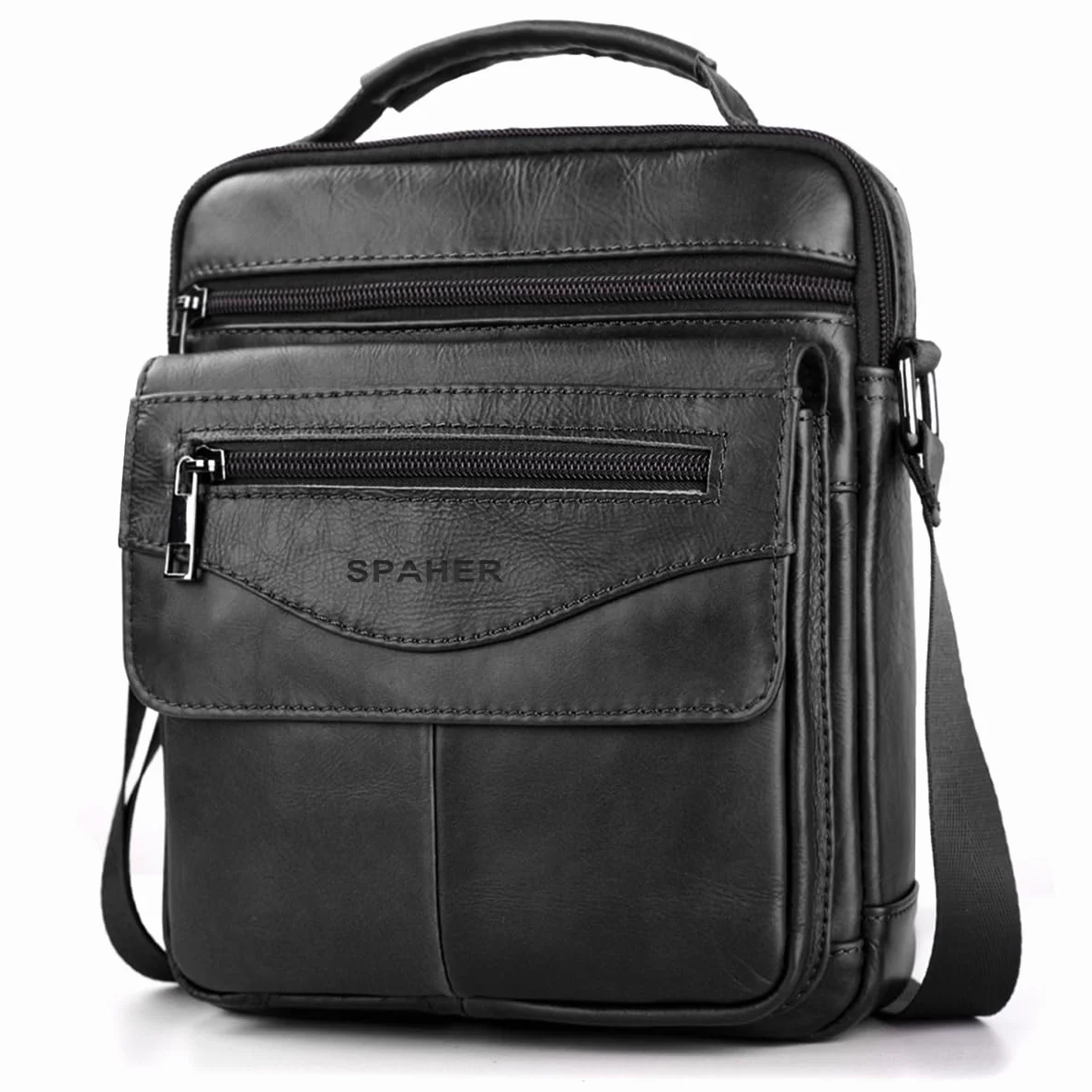 SPAHER Bandolera de Cuero Grande Bolso Piel Caballero Mariconeras para Hombres Man Bag