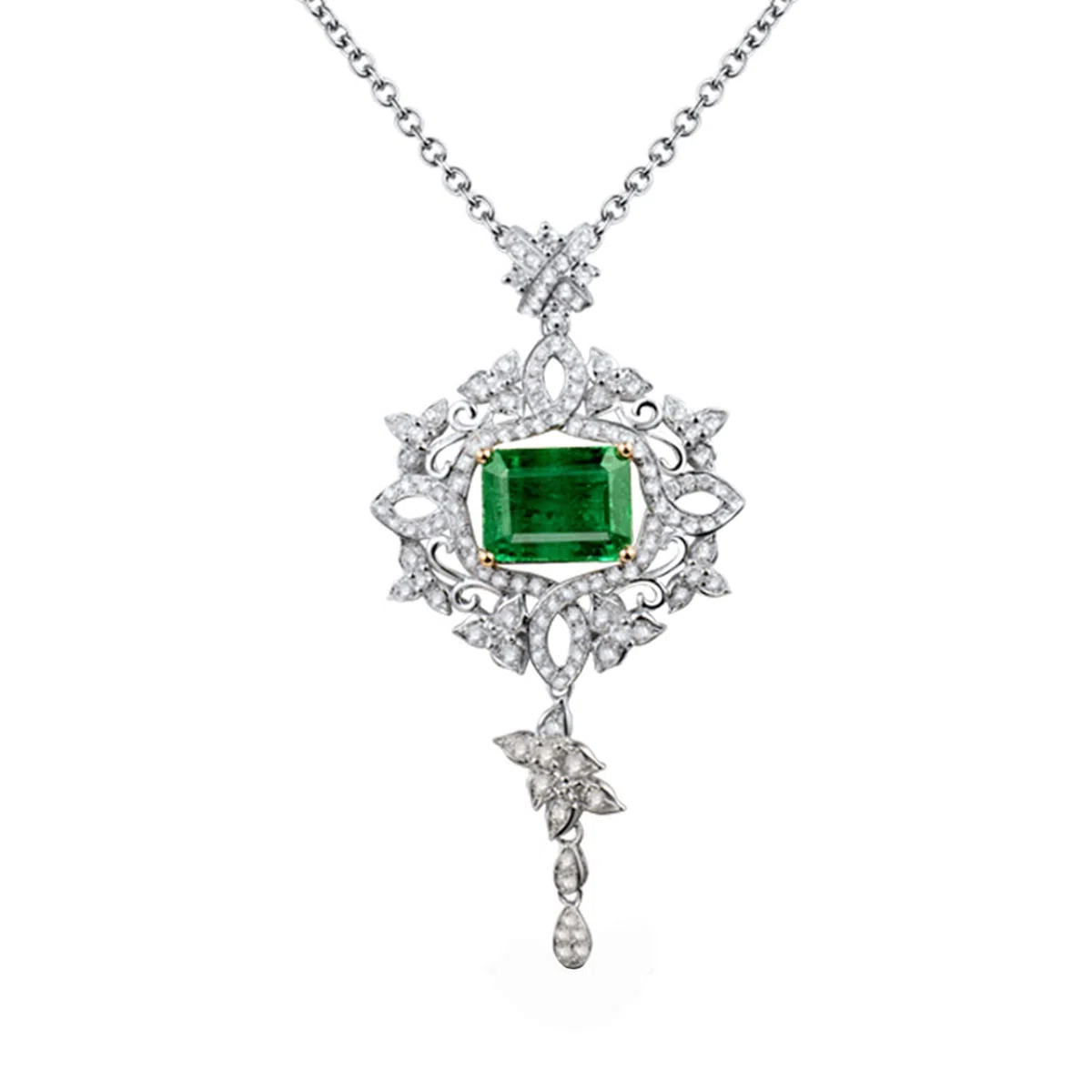 Collar con Colgante, Borla de Flores con Esmeralda creada en Laboratorio de 3 Quilates, Oro de 18 Quilates/Plata de Ley 925, Collares con Colgante para Mujeres y niñas, Regalo para el día de la