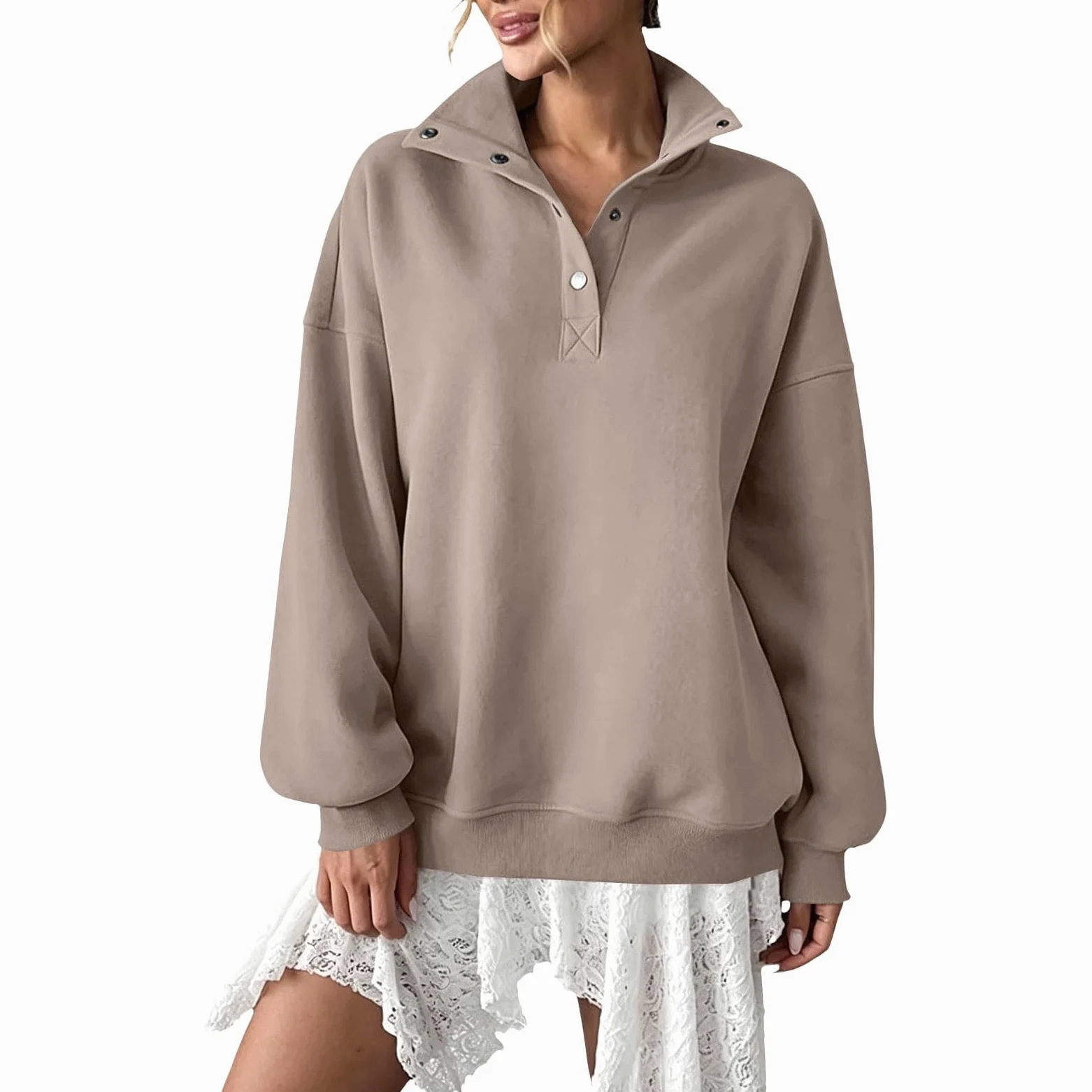 Generico Sudaderas Mujer Sin Capucha Cuello Alto con Botones Manga Larga | Sudadera lisa elegante y ligera, suave y cómoda, ajuste holgado, para llevar todos los días