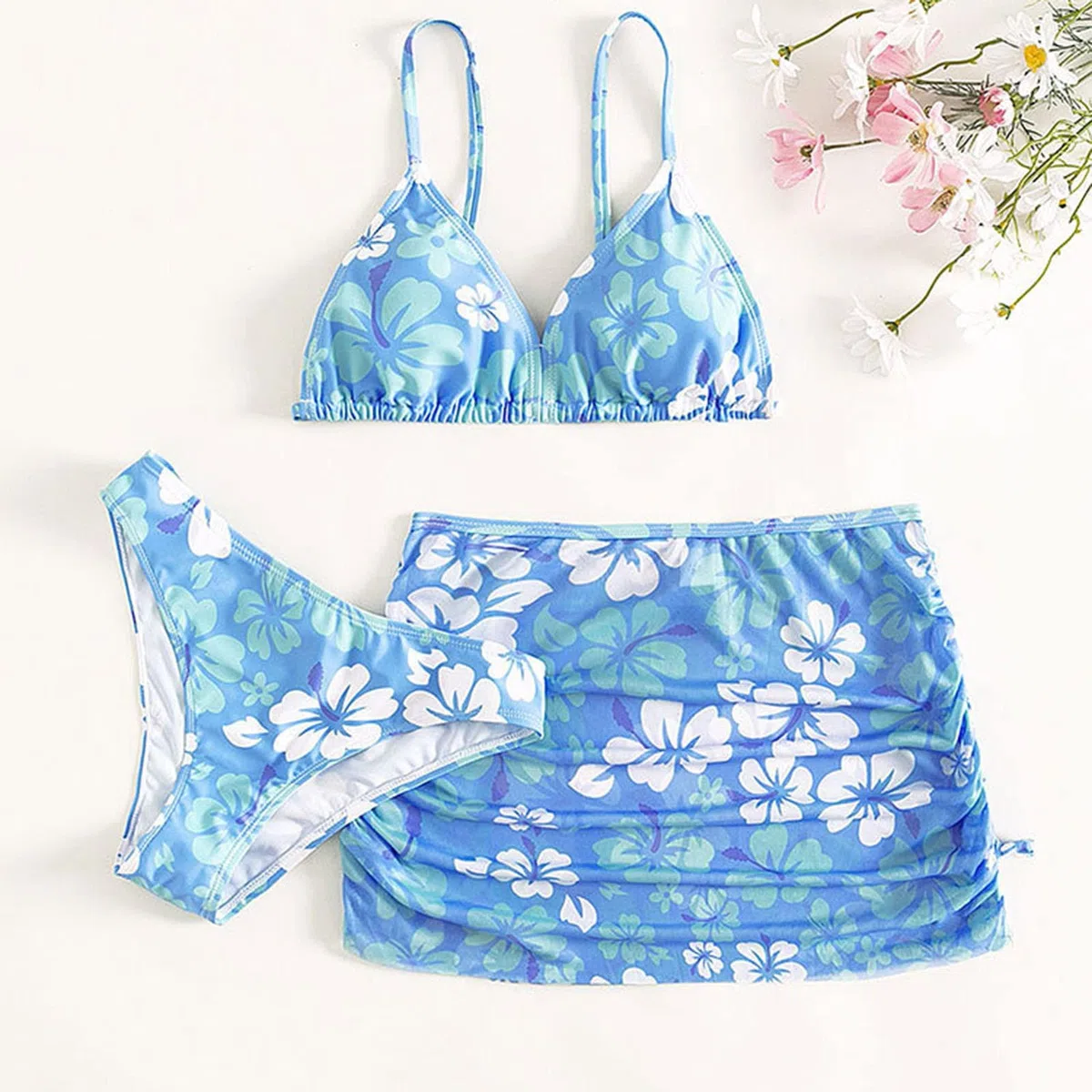 Tankini para niña, traje de baño para niños, niñas, 3 piezas, traje de baño con estampado floral, parte superior de bikini, ropa interior con volantes, falda de verano