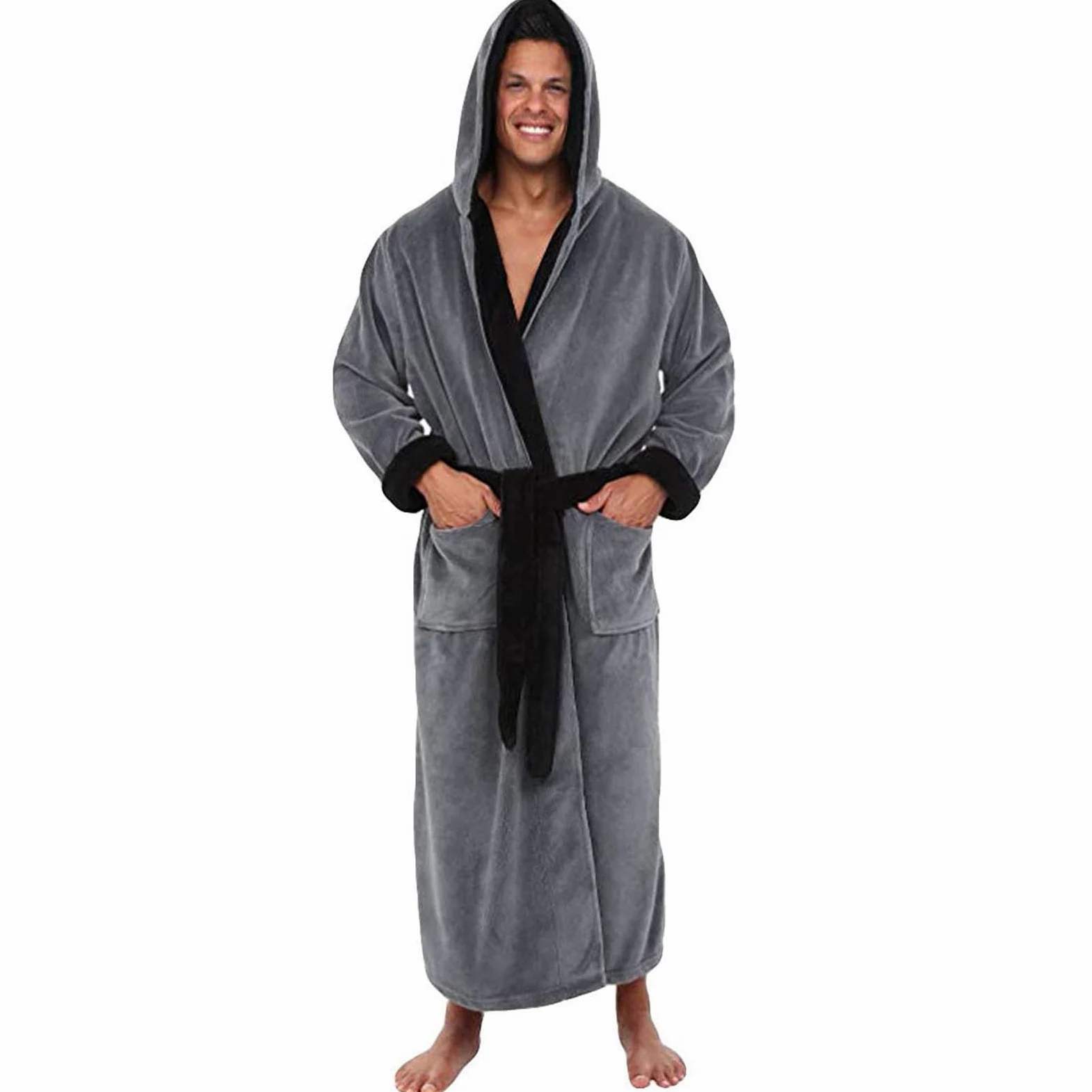 Albornoz Hombre,Talla Grande Cómodo Bata Hombre Invierno de Forro Polar de Doble Cara Súper Suave Clásica Kimino Manga Larga con Capucha Casual Albornoz Ducha con Cinturón y Bolsillos Loungewear