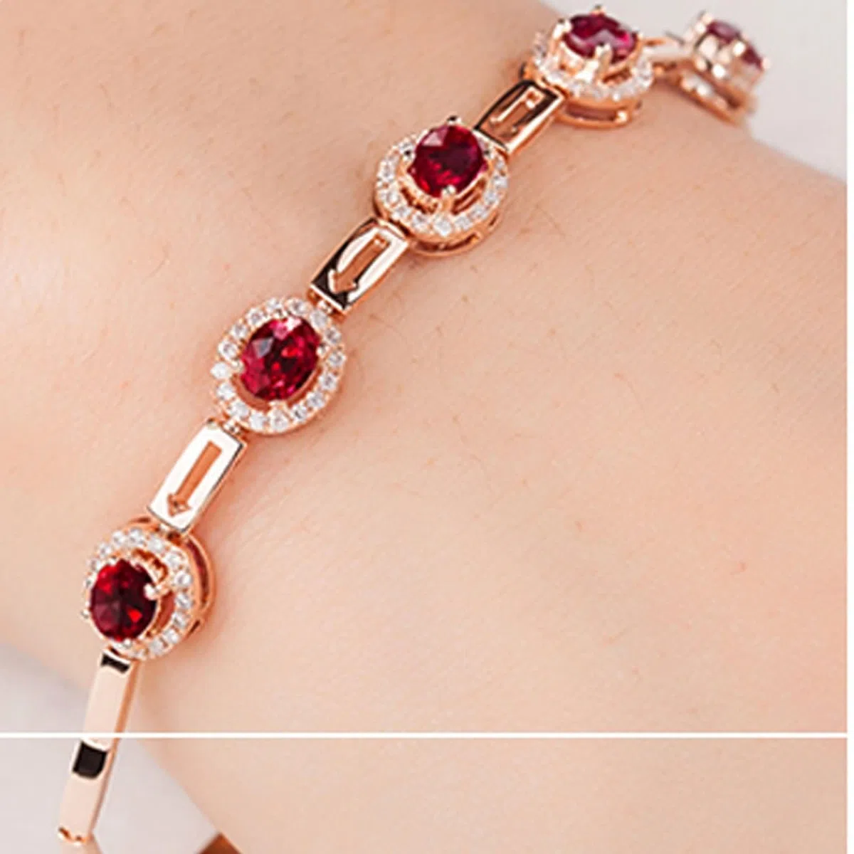 Pulsera para Mujer de Oro Rosa 9 Kilates / 14 Kilates / 18 Kilates, Oval con Rubí y Diamante, Cadena Extensible 16 CM + 5 CM, Pulseras de Oro Rosa de Mujer