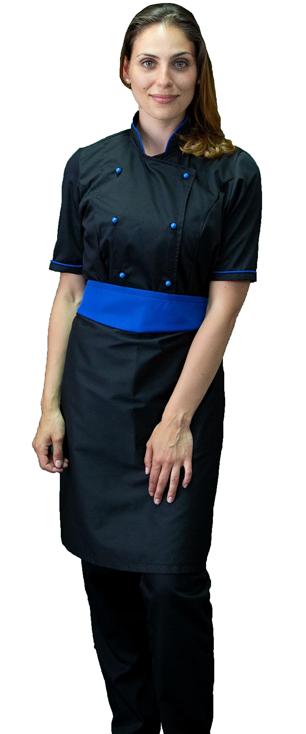Bordado gratis - Uniforme de cocinero para mujer - Negro y azul - Chaqueta de manga corta, pantalón y delantal - Conjunto para cocina y restaurante - Made in Italy, Negro , 4XL