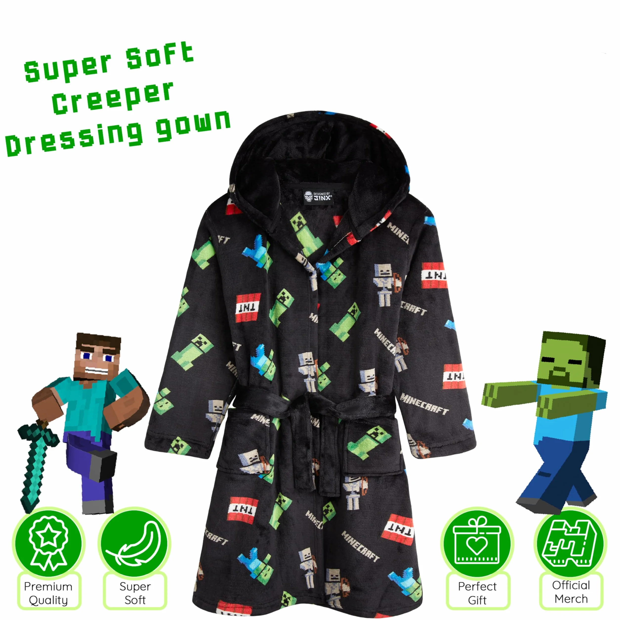 Minecraft Albornoz Niños Creeper Bata Adolescente Felpa Suave Capucha Cinturón Bolsillos Ropa Dormir Regalos