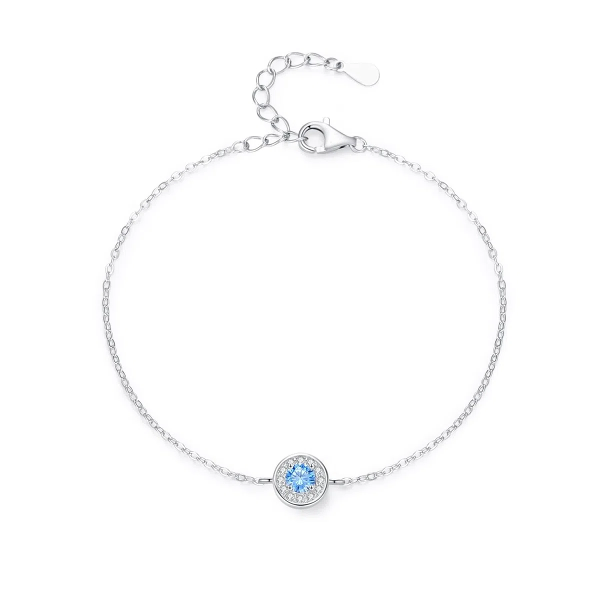 KnSam Pulsera de plata auténtica Au 375/585/750, oro blanco, pulsera para mujer, clásica, círculo con aguamarina azul claro, brazaletes de laboratorio creado con diamante blanco 9 K/14 K/18 K