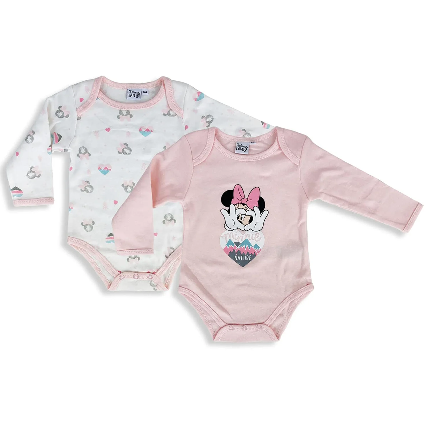 Body Disney Minnie Mouse 2 piezas bebé recien nacido 100% cálido algodón niña manga larga 4827, Panna-rosa, 6 mes
