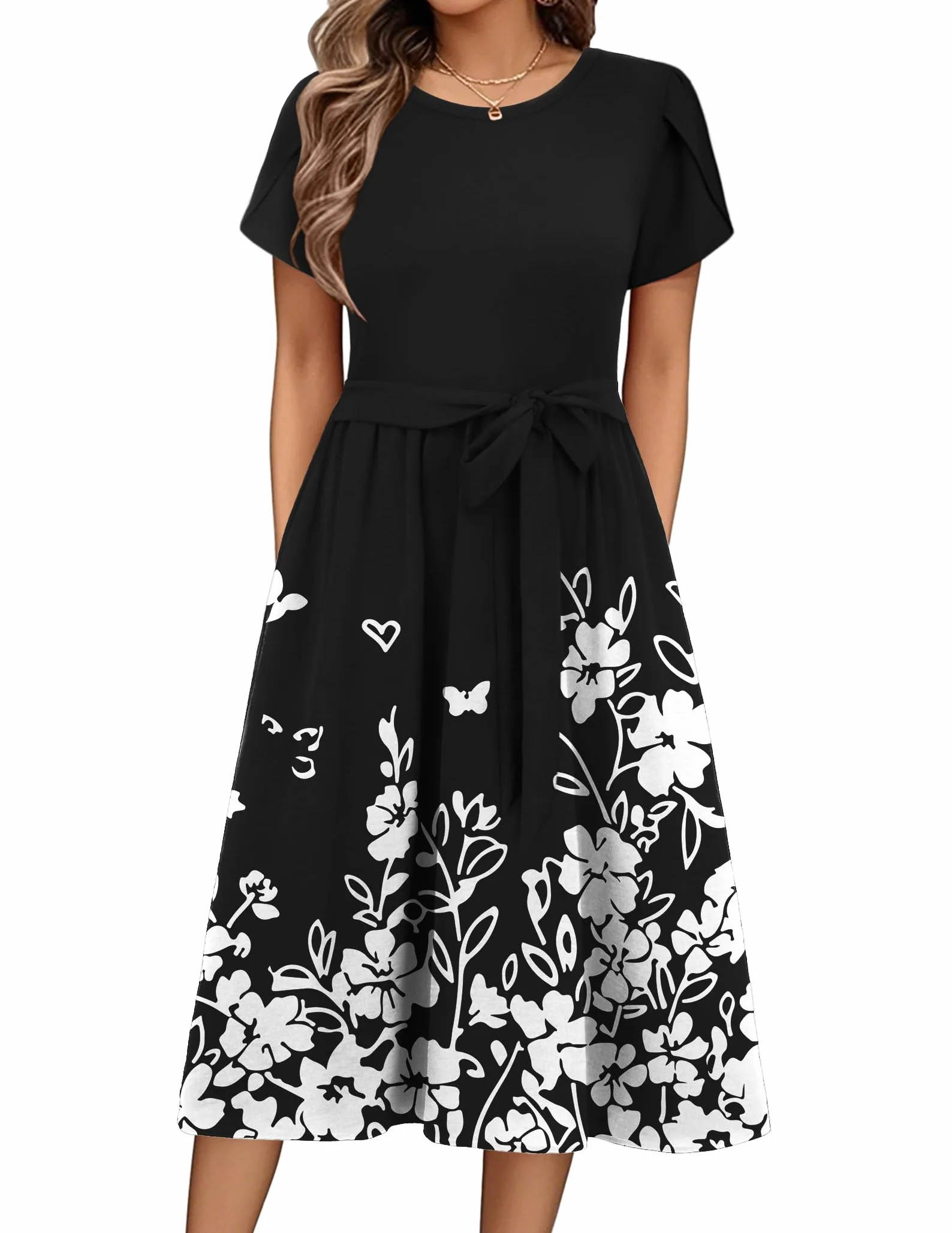 Zeagoo Vestido de Verano para Mujer Cuello Redondo Casuales Cortas Mangas Vestidos Midi Vestido de Playa Estampado de Flores con Bolsillos S-XXL