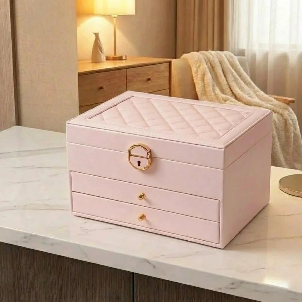 Joyero de 3 niveles, apilable, 2 cajones, caja de almacenamiento con compartimentos, con cerradura y llave, para pendientes, anillos, pulseras, collares (rosa)