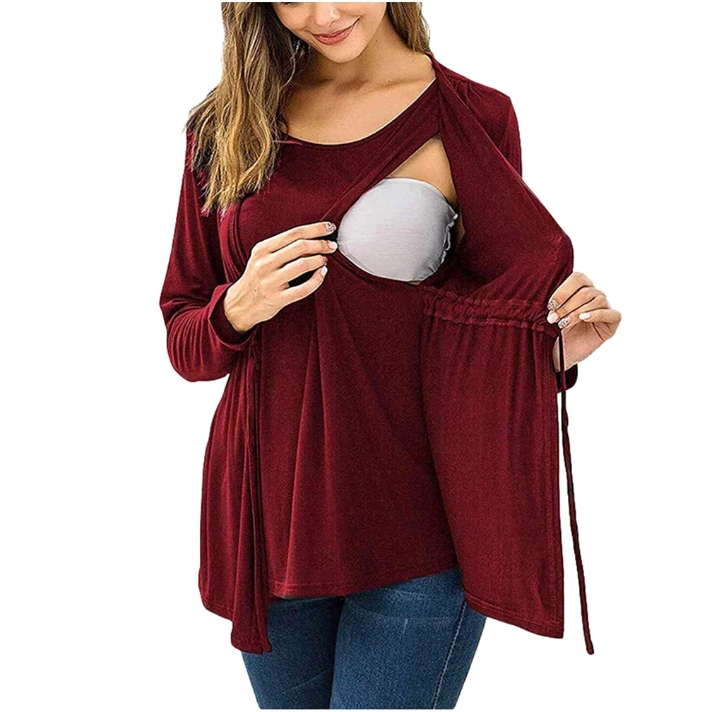 Blusa Maternal Doble Capa Camiseta Larga para amamantar Mujer Manga enfermería Tops Lactancia cómoda