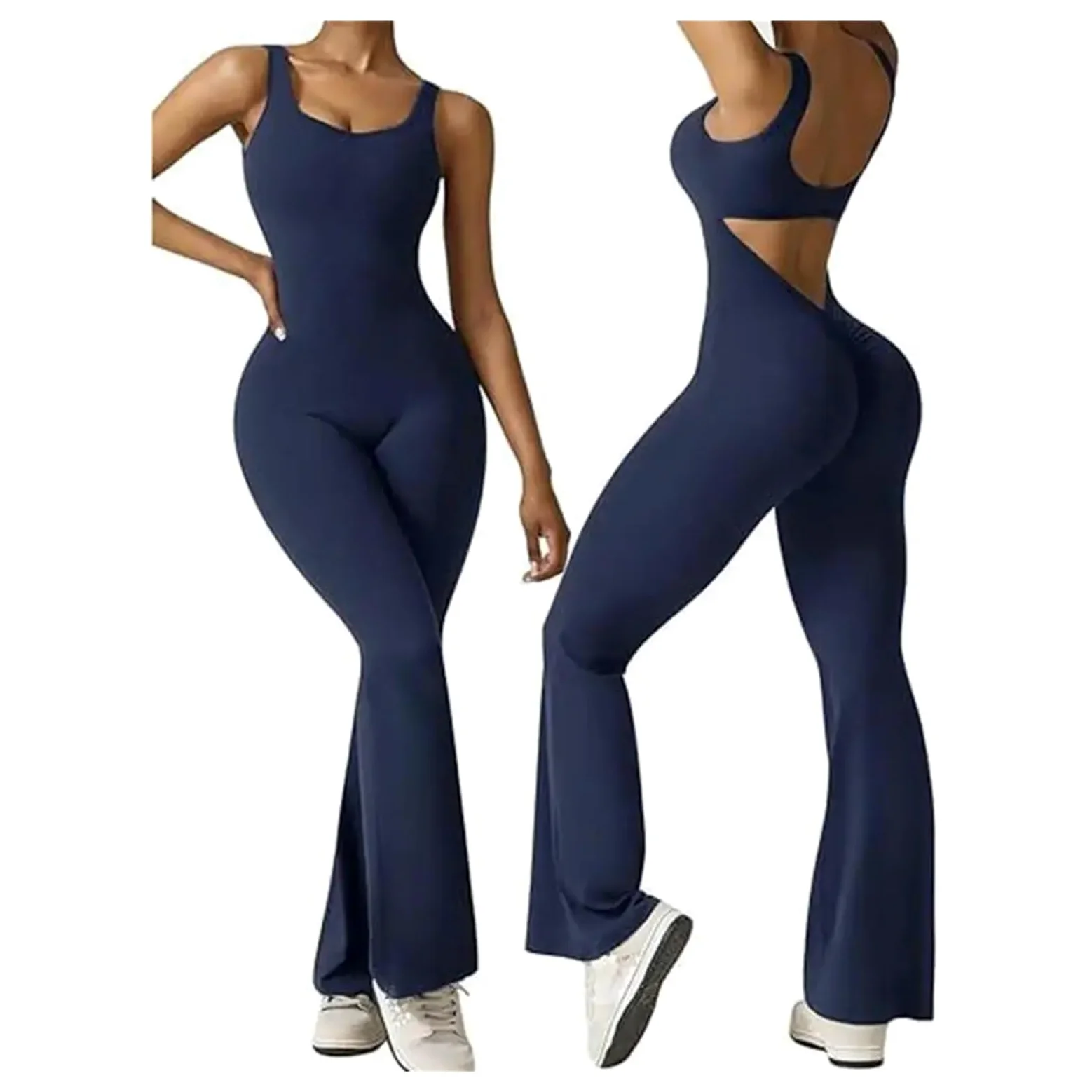 Body De Yoga con Espalda Descubierta Mono Deportivo Elegante sin Mangas con Cintura levantada y Dobladillo Acampanado for Mujer, Estilo melocotón, for Verano para Yoga Gimnasio(Black,XL)
