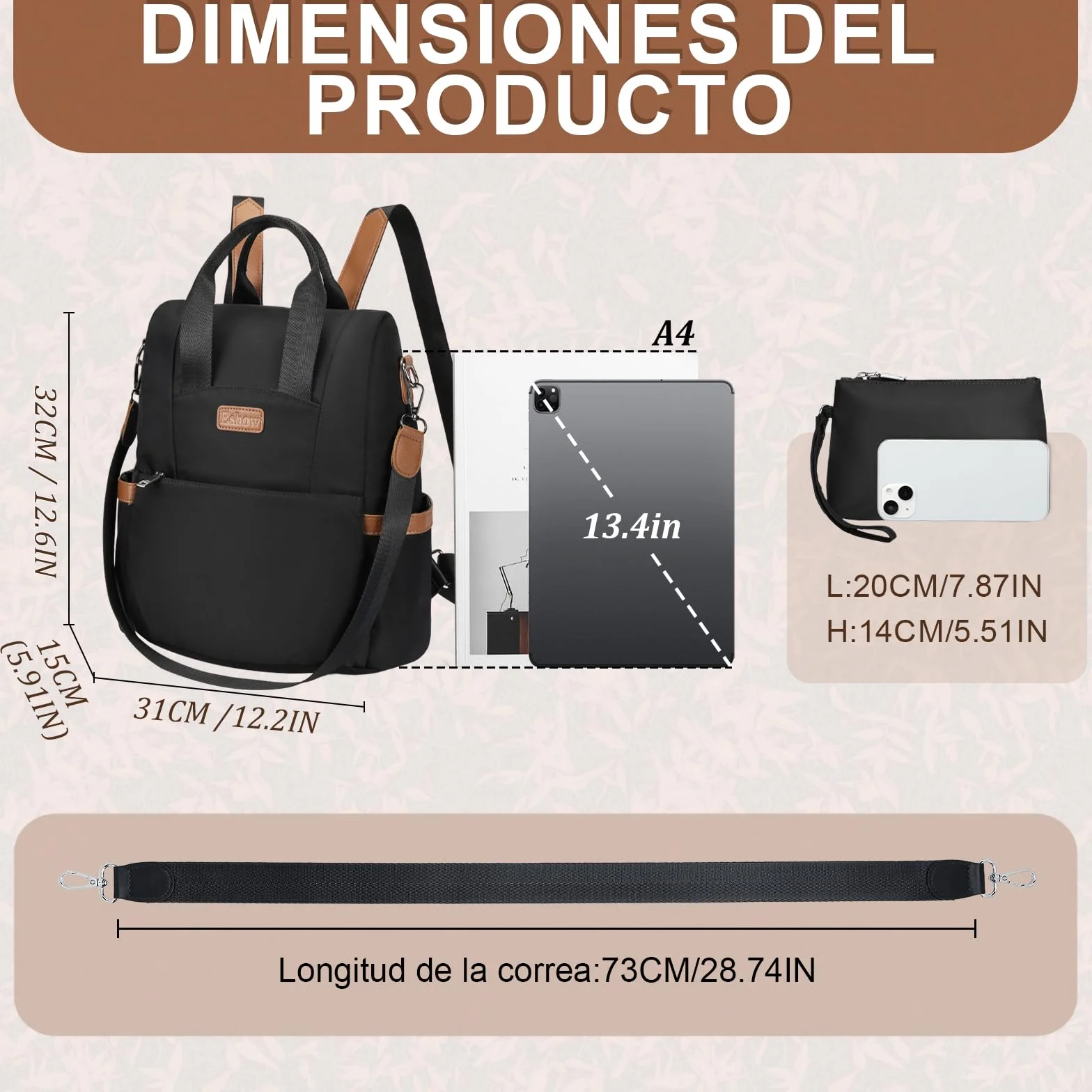 Eshow Mochila Mujer Antirrobo, Bolso Casual con Correa Ajustable y Asa Superior, Bandolera Multifuncional para Uso Diario Trabajo Viaje Escuela Compras y Universidad Negra