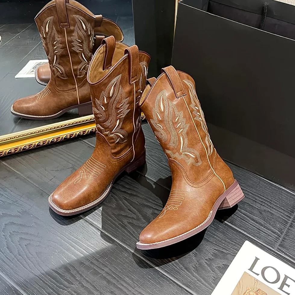 M&Catree Botas Vaqueras Occidentales de Pantorrilla Ancha para Mujer Botines Cowboy con Bordado Botas de Punta Cuadrada