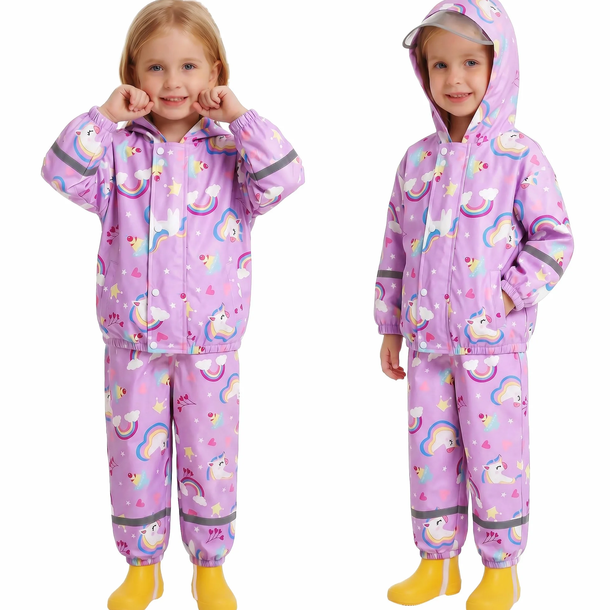 Traje de Lluvia Impermeable para Niñas, Conjunto de Chaqueta y Pantalón de Lluvia Ligero, Exteriores Impermeables Unicornio Abrigos con Capucha, Antiviento Chubasquero para 1-7 años