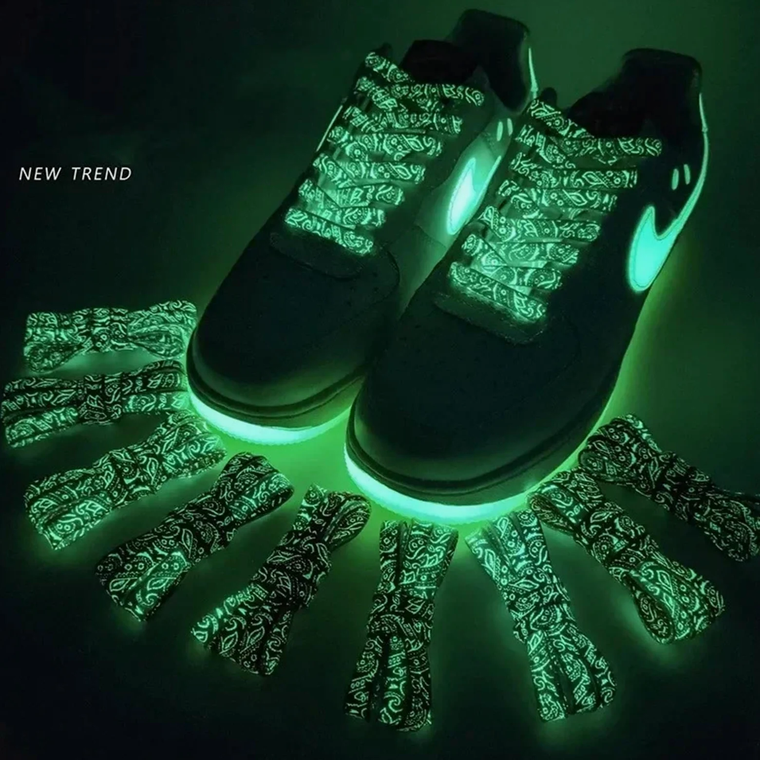 5 pares de cordones planos fluorescentes y luminosos for zapatillas deportivas, con estampado flores anacardo tinta que brillan en la oscuridad Para Zapatos Casuales
