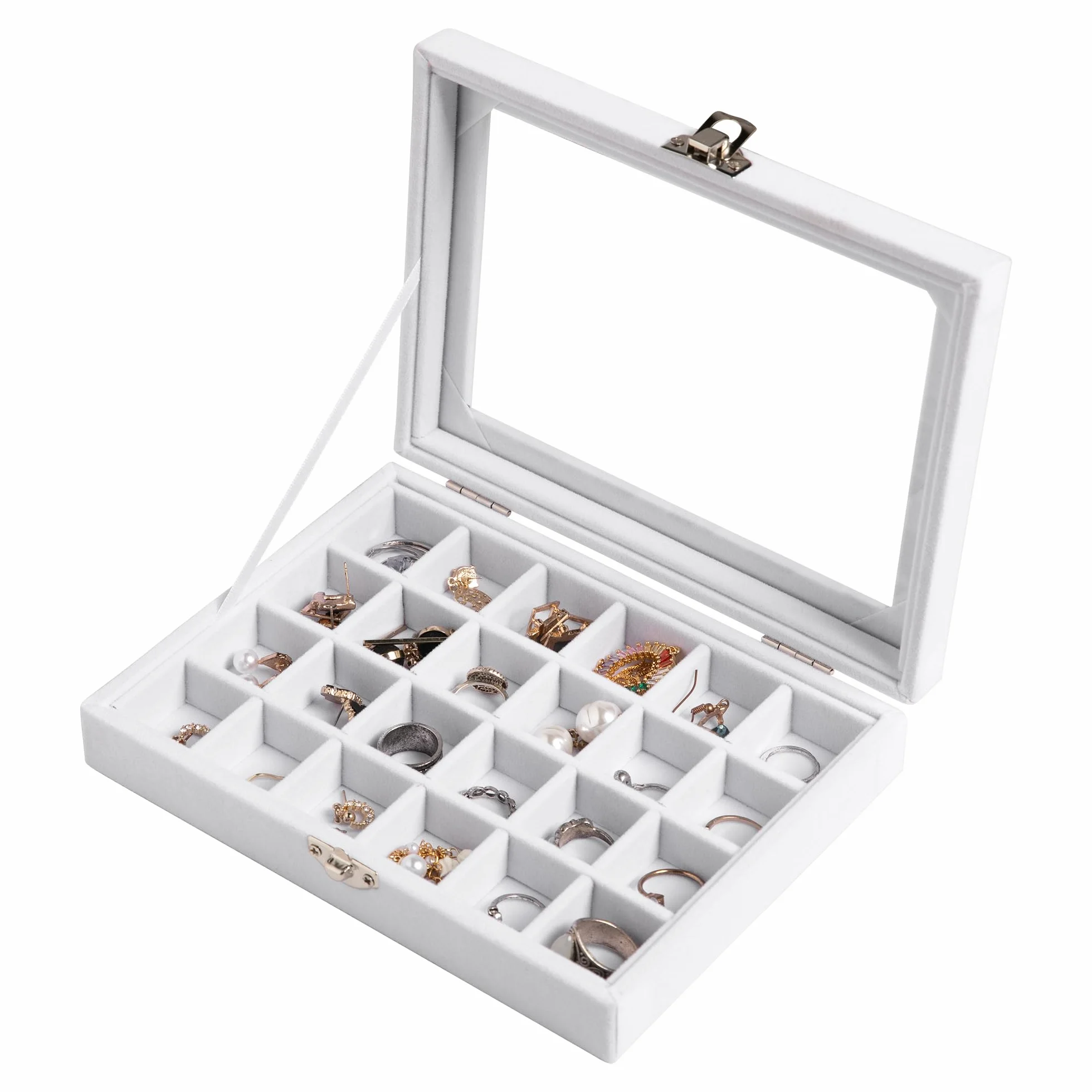 Frebeauty Bandeja de joyería 24 rejillas organizador de aretes terciopelo caja joyas con tapa transparente cerradura