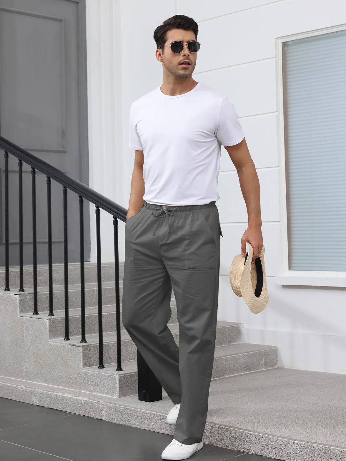 Pantalon Lino Hombre Pantalones Holgados de Ocio Pantalones Ligeros de Verano para Hombre con Bolsillos, Cintura Elástica y Cordón