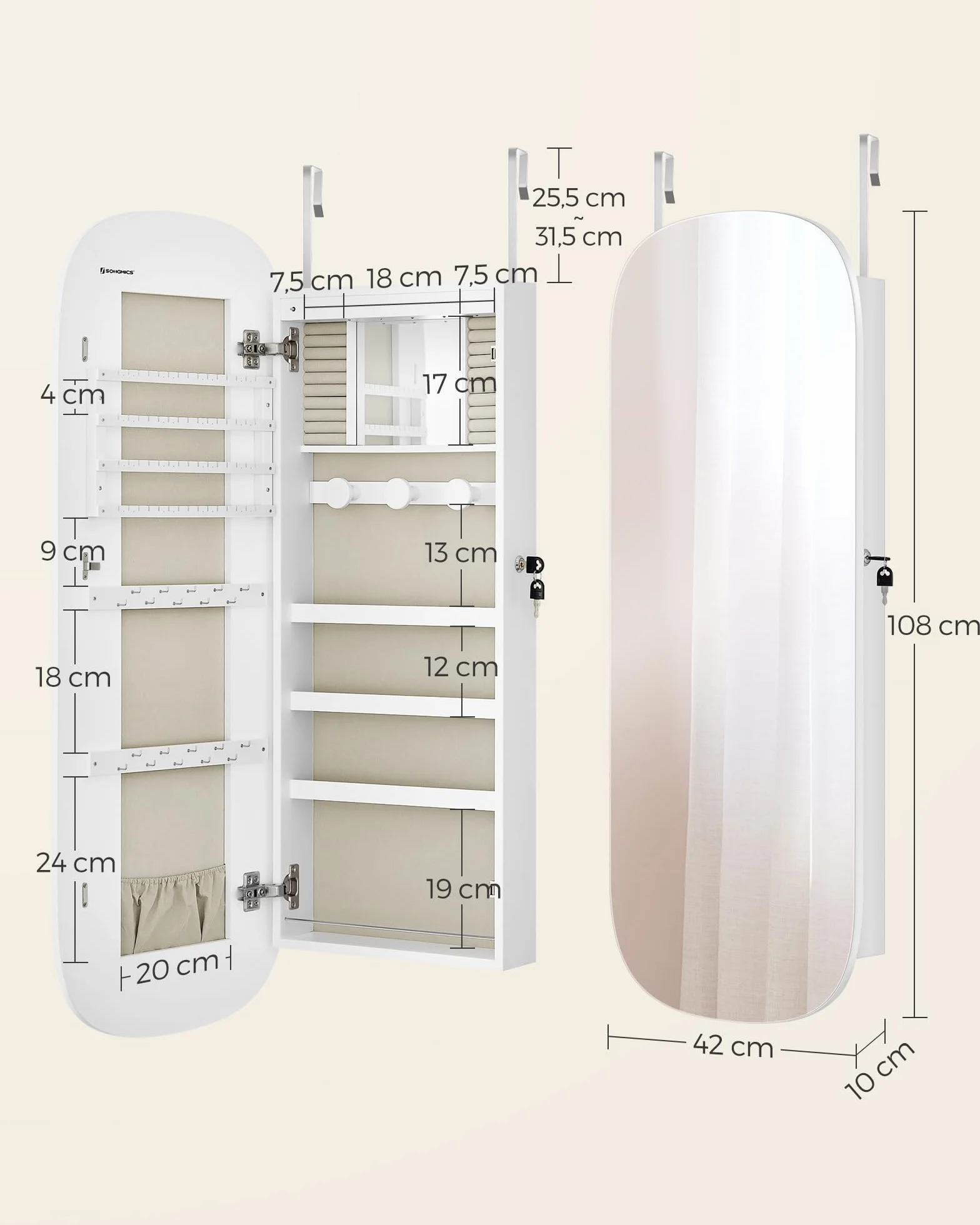 SONGMICS Armario para Joyas, Espejo Joyero de Pared, Organizador con Luz LED y Cerradura, Varios Compartimentos, para Pendiente, Collar, Superficie Blanca y Forro Gris Beige JJC026W01