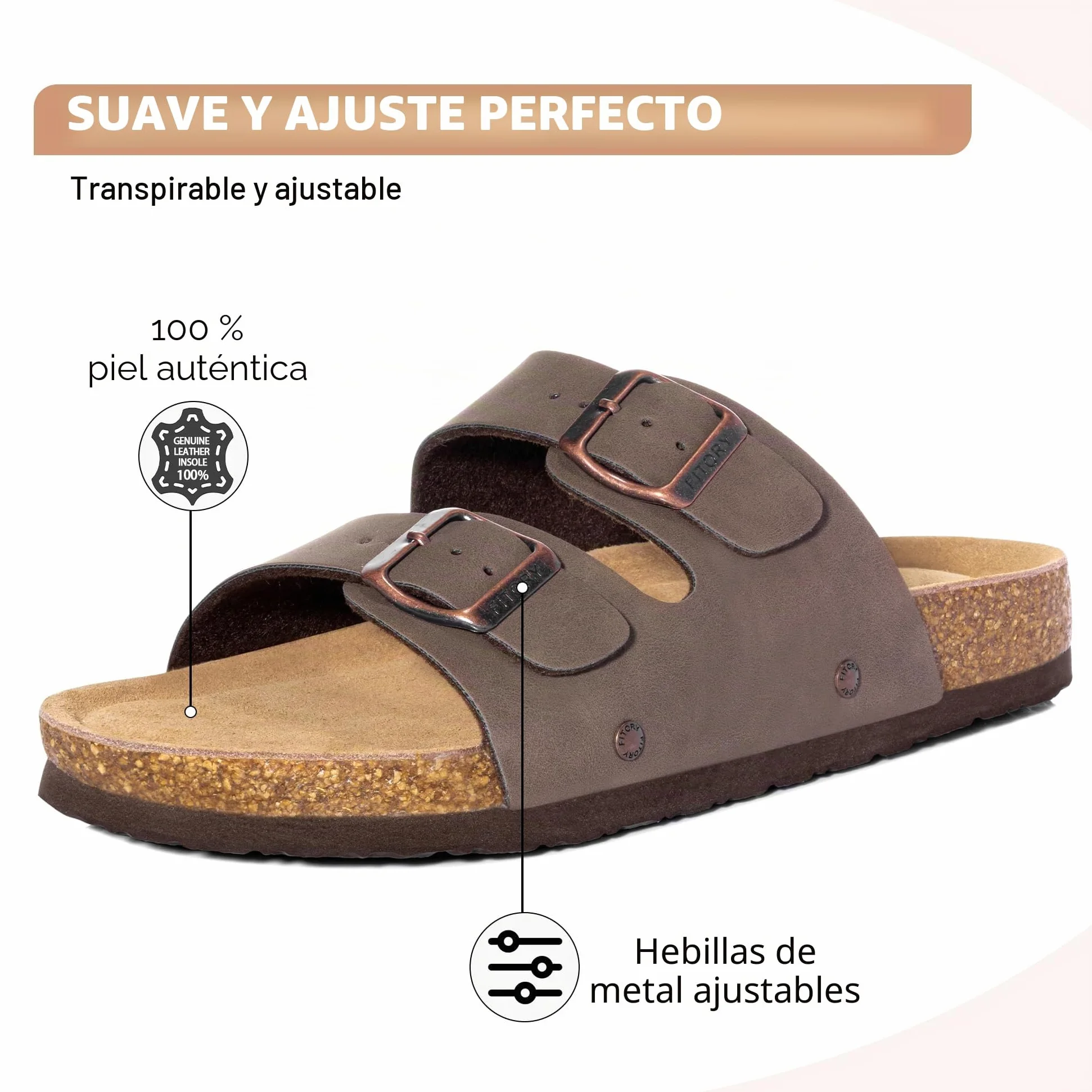 FITORY Sandalias Mujer Planas con Plantilla de Corcho | Chanclas Ajustables Slip-On de Punta Abierta | Tallas 37-43