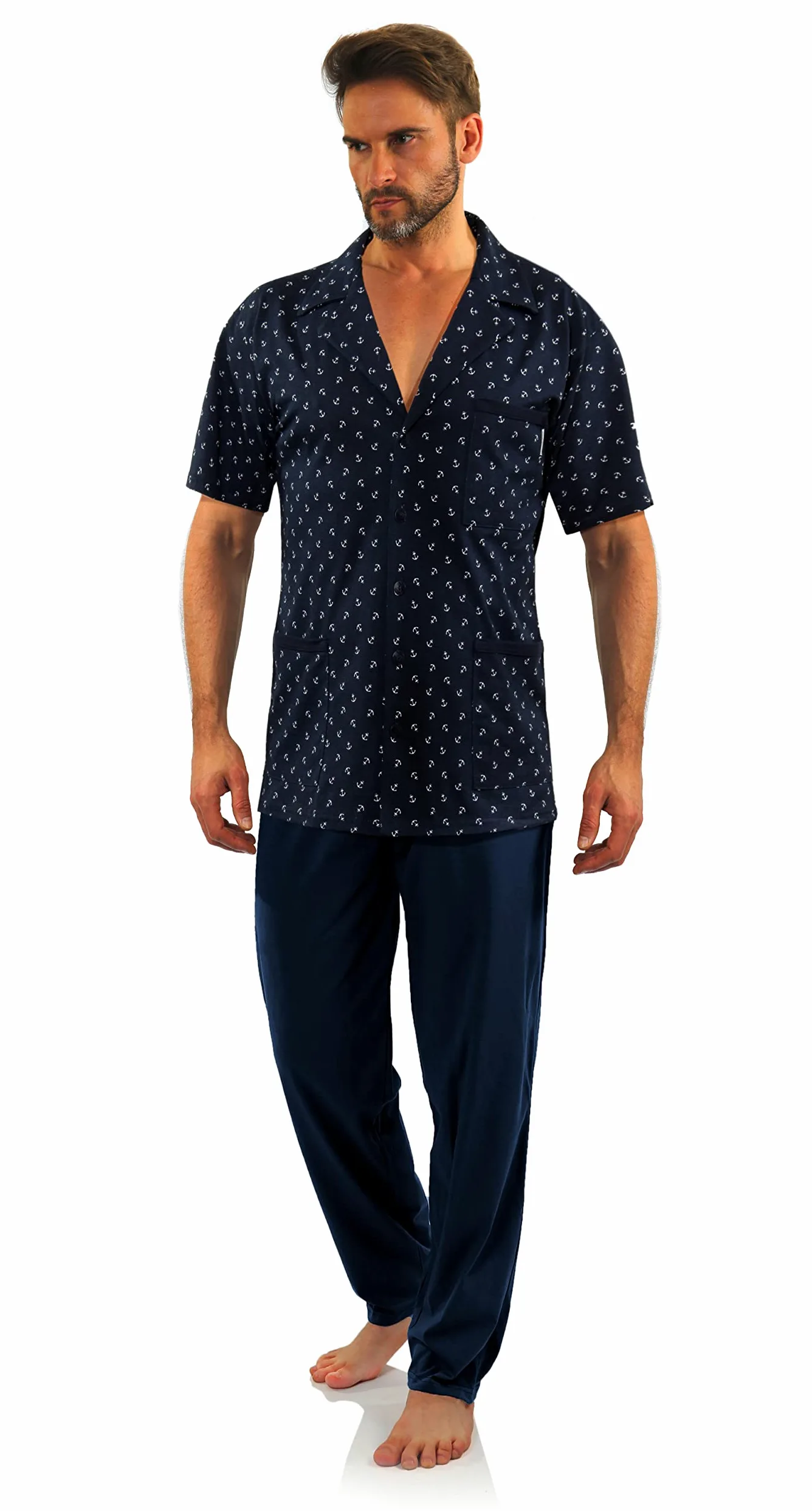 Sesto Senso Pijama Hombre Elegante con Botones Conjunto de Algodón con Manga Corta Pantalón Largo