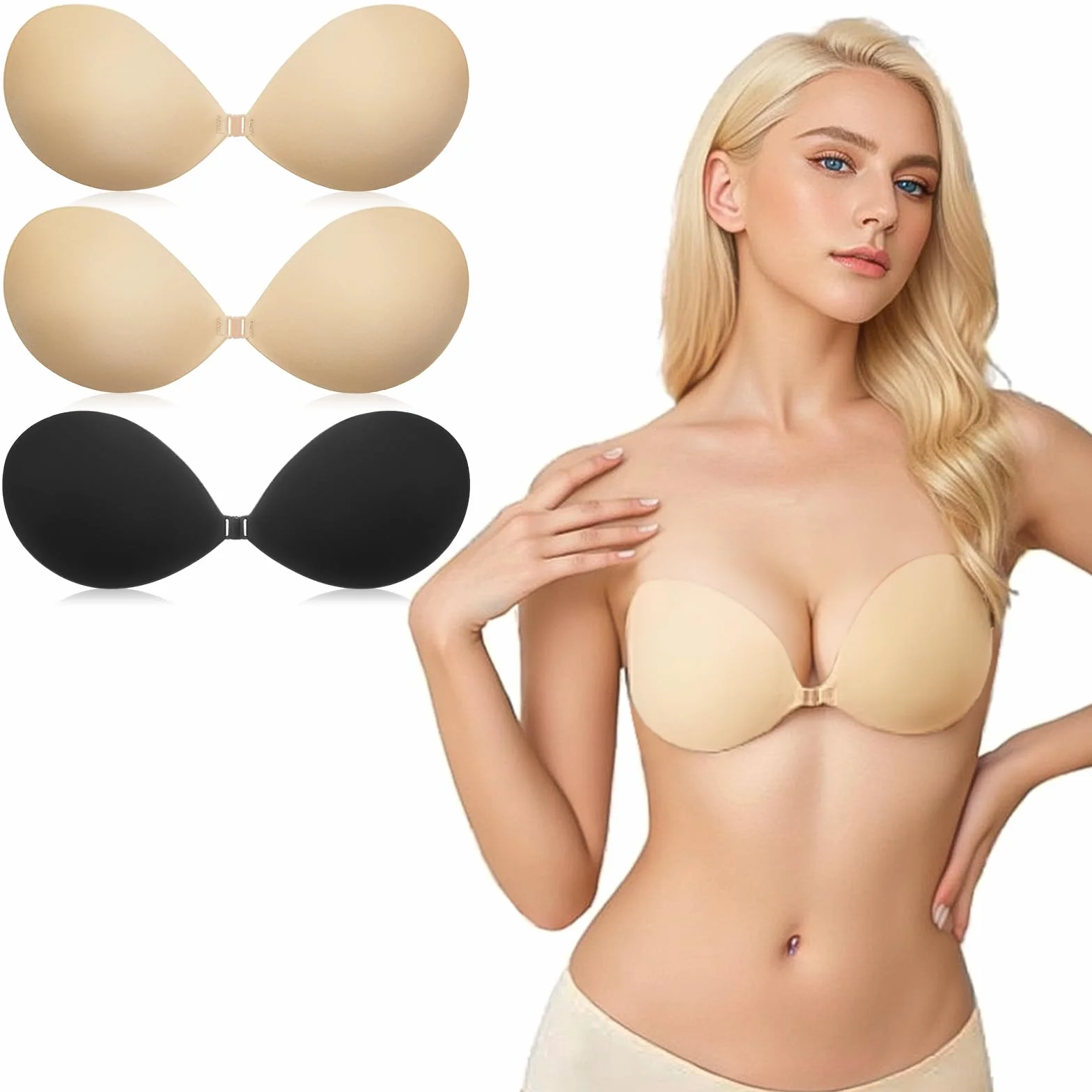 Flintronic 3 Pares Sujetador Adhesivo sin Tirantes, Invisible Silicona Bra Push Up, Reutilizable