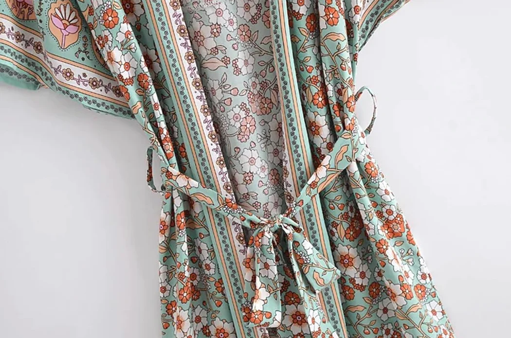 Disimlarl Mujeres Batwing Mangas Cinturón Estampado Floral Bohemio Kimono Traje De Bata Traje De Bata Bikini Cover-Ups