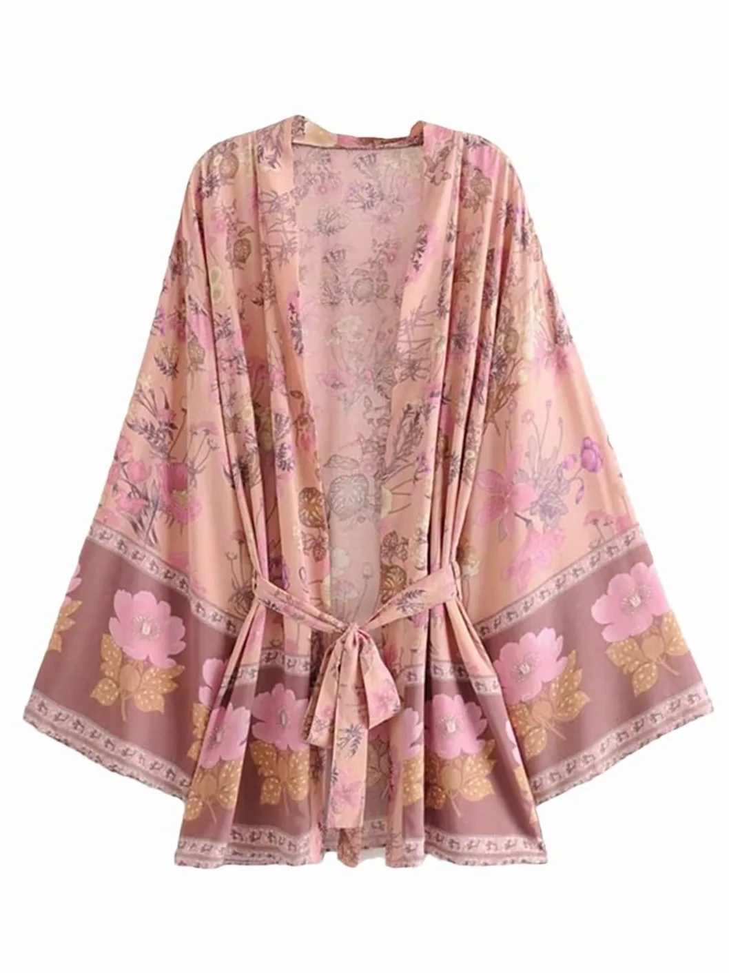 Disimlarl Kimono con estampado floral para mujer, vestido bohemio para playa, cuello en V, bandas, bata de bikini