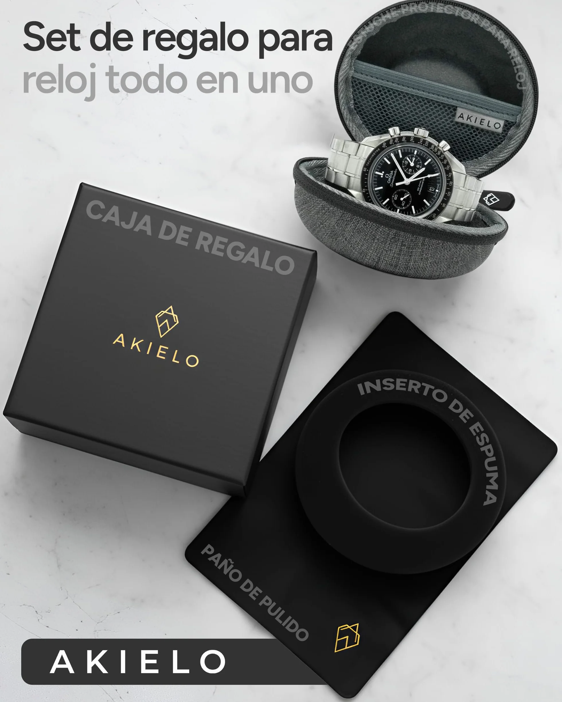 AKIELO Caja para Relojes de Viaje con Paño de Limpieza y Caja Regalo – Compatible con Relojes de Pulsera para Hombre y Mujer y Relojes Inteligentes de hasta 54 mm (Edición Gris Carbón)