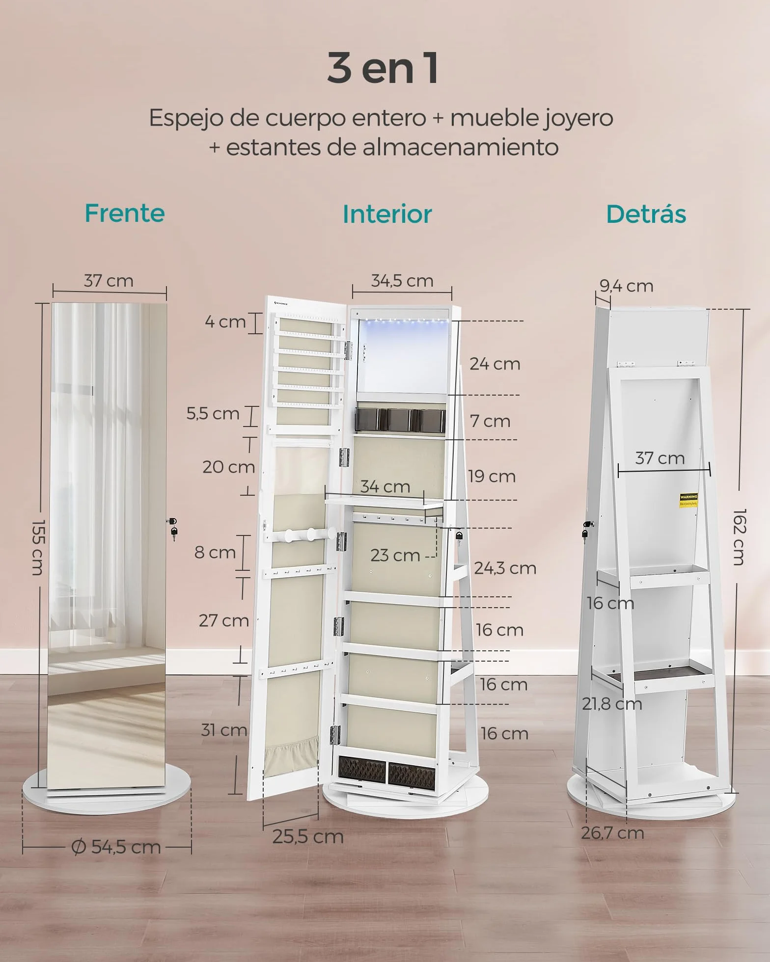 SONGMICS Espejo Joyero con 6 LEDs, Armario de Joyas de Giro de 360°, Organizador de Joyería Giratorio, sin Marco, Espejo Completo, 3 Estantes, Superficie Blanco, Forro Greige JJC007W02