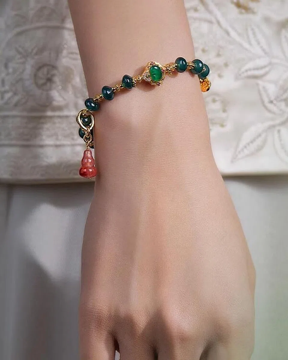 Pulsera de cadena para mujer, pulsera de cuentas vintage de oro amarillo de 9 quilates, 14 quilates y 18 quilates con colgante de calabaza de jade y ágata de 6 a 7 mm