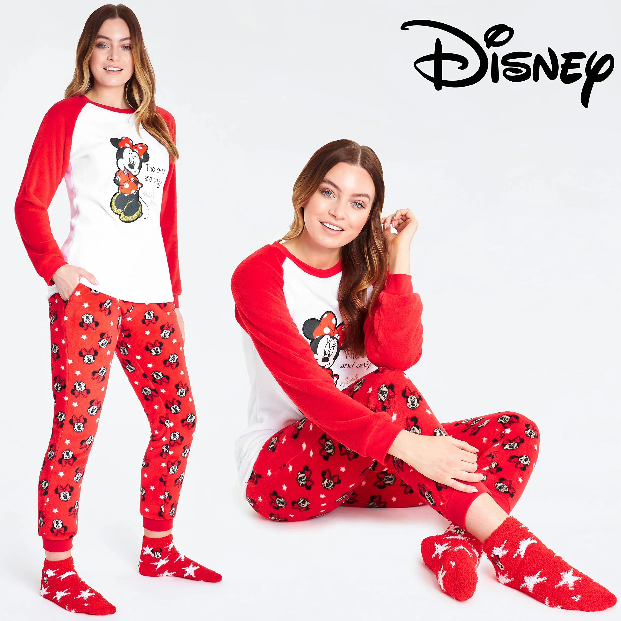 Disney Pijama Mujer Invierno de Polar con Calcetines Stitch Mickey Minnie Baby Yoda (Blanco/Rojo Minnie, S), 8691