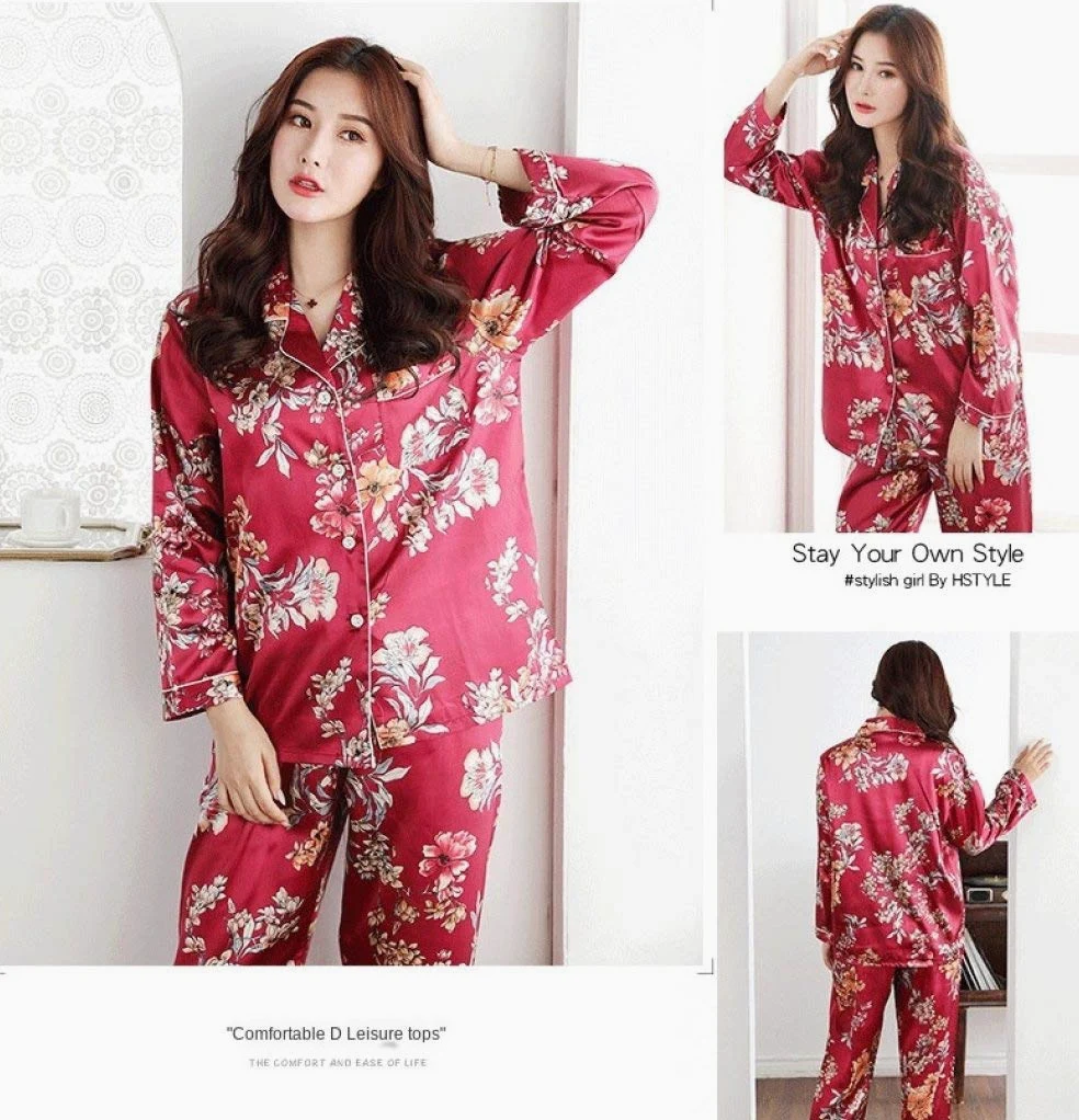 Pijamas De Mujer,Conjunto De Pijama De Satén De 2 Piezas Sexy Con Cuello En V Estampado De Flores Seda Con Botones Ropa De Dormir Pantalones De Manga Larga Conjunto De Ropa De Dormir Ropa De Dormir