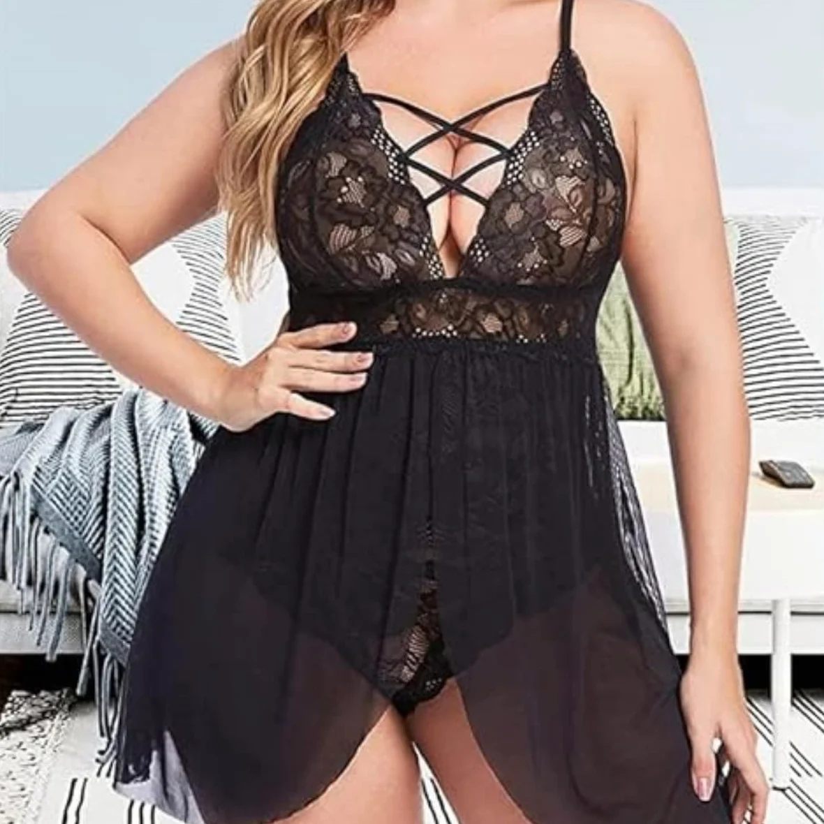 XHYRHTS Babydoll de lencería Sexy de Talla Grande para Mujer, camisón de Encaje, Ropa Interior de negligé, Ropa de Dormir de una Pieza, camisón para Mujer