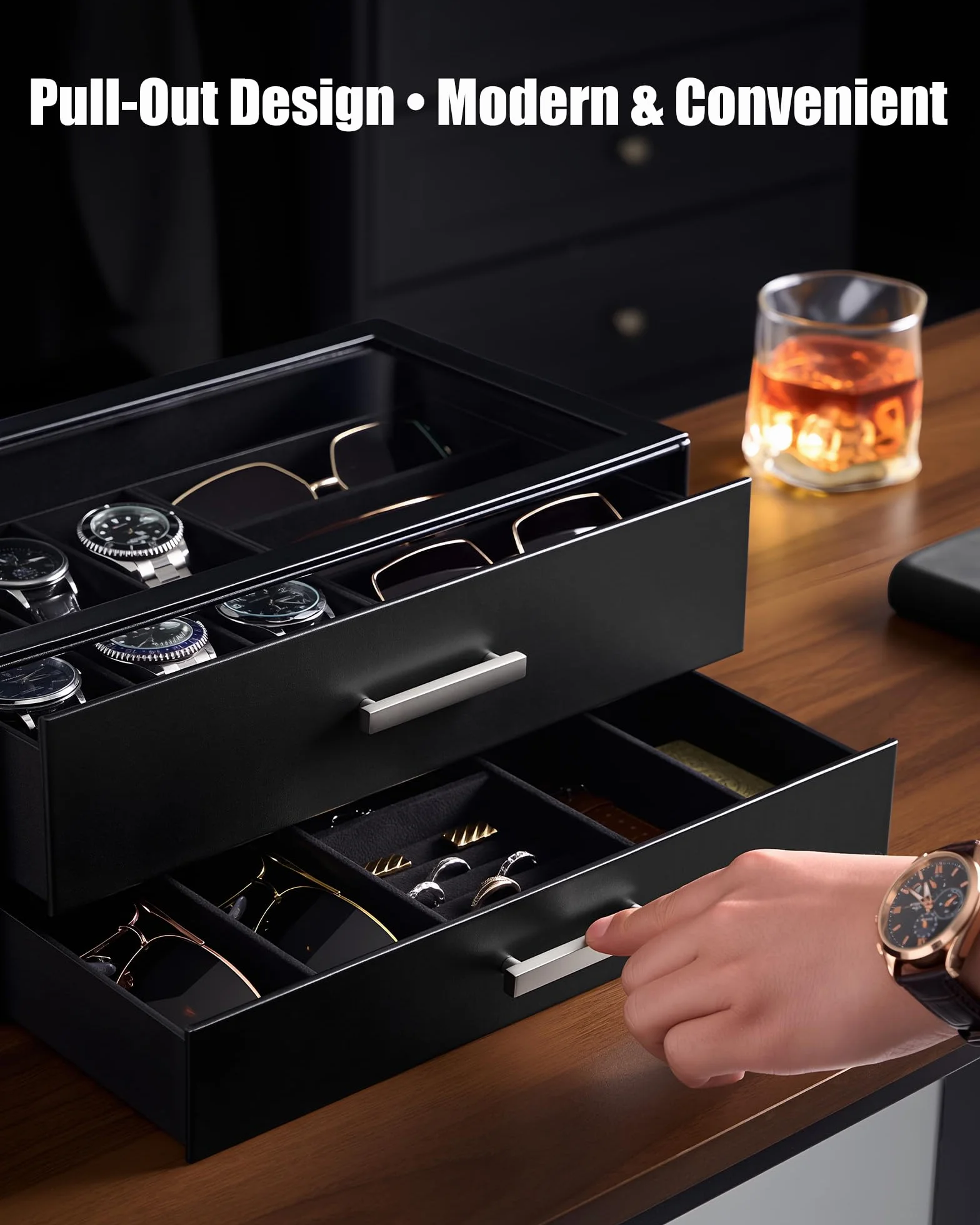 ProCase Caja para Relojes, Estuche para Relojes, Organizador de Joyas para Hombre, Almacenamiento de Joyas con Tapa de Cristal Transparente, 2 Niveles, Almacenamiento para Relojes, Gafas -Negro