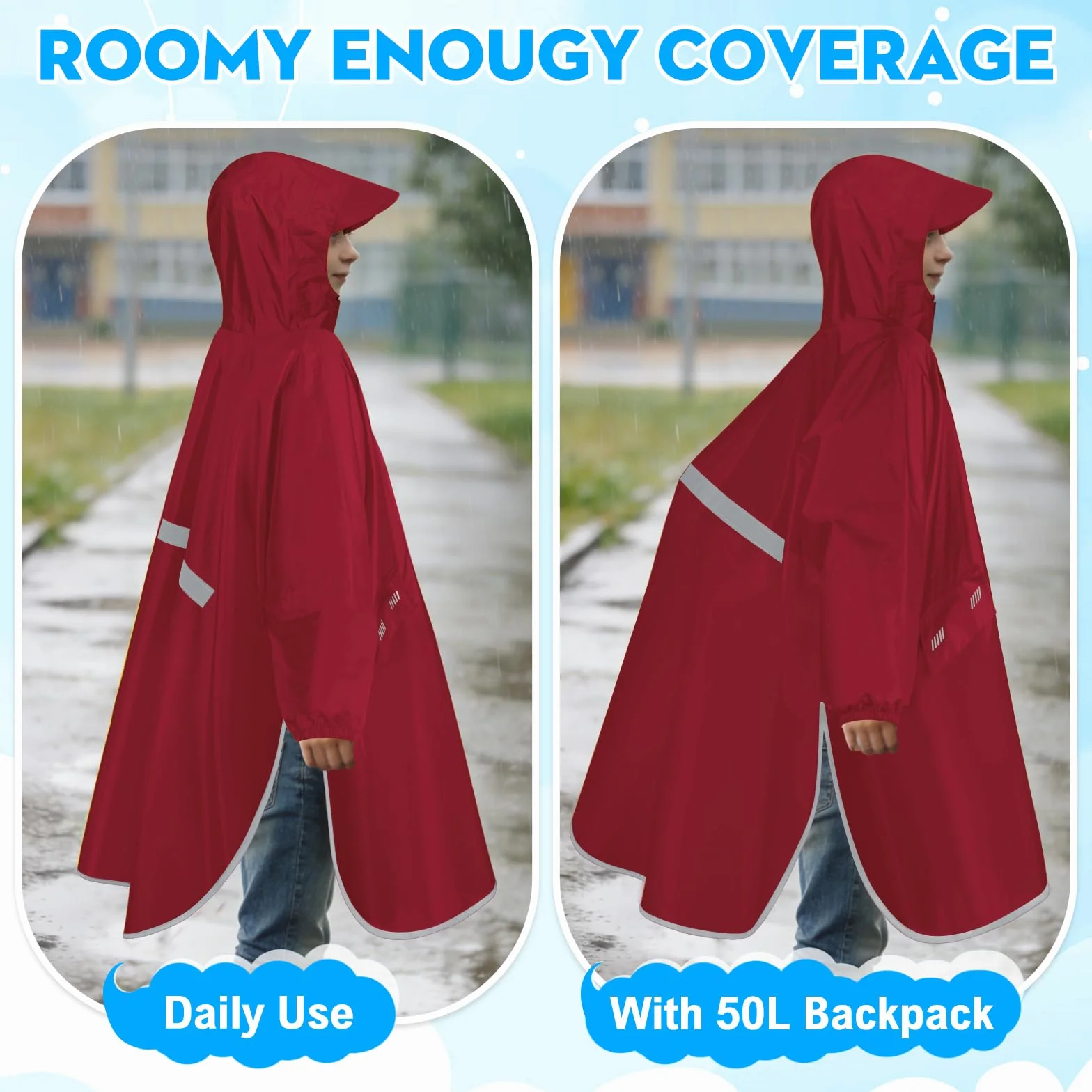 Poncho Lluvia Impermeable Niño Niña Unisex con Capucha Mangas Reflectantes