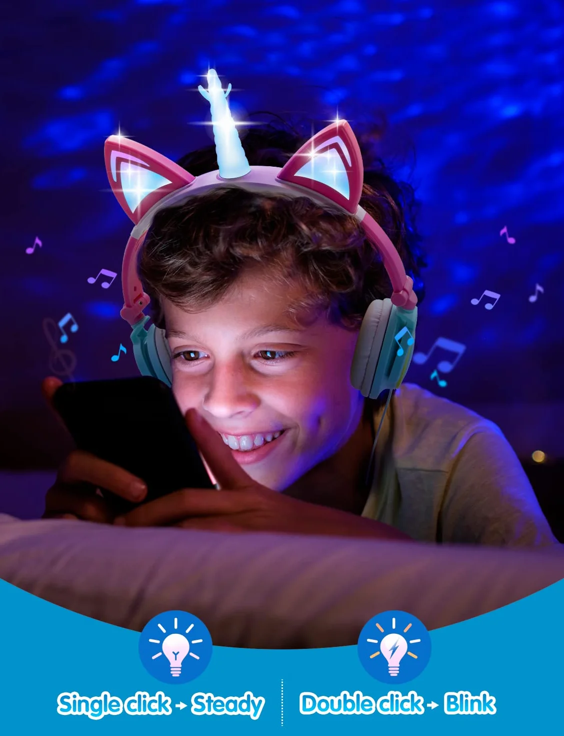 ONTA Auriculares para Niños con Orejas de Gato Iluminados con LED Plegables sobre Oído, Auriculares Resplandor Unicornio para Niños para la Escuela, la Casa, Cable Sin Enredos (Polvo Azul)