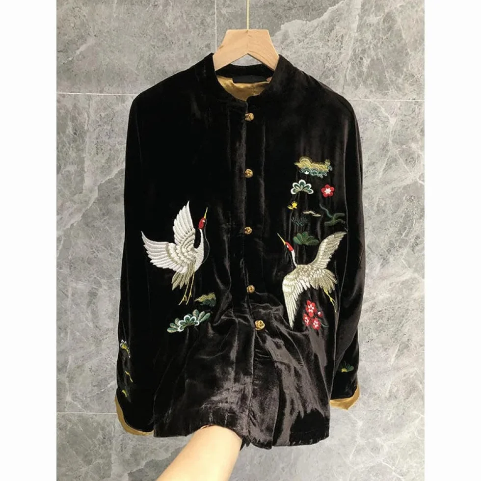 Chaqueta Primavera Estilo China Mujer Abrigo Terciopelo Negro Bordado Chino Chaquetas Informales Sueltas Moda Ropa Étnica Vintage
