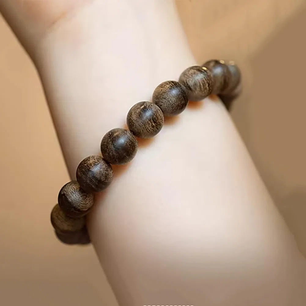 Pulsera de Cuentas de Madera de agar Qi Nan Natural, Pulsera de Cuentas de Madera Pulida a Mano de una Sola hebra para Hombres y Mujeres,10 mm × 19 Beads