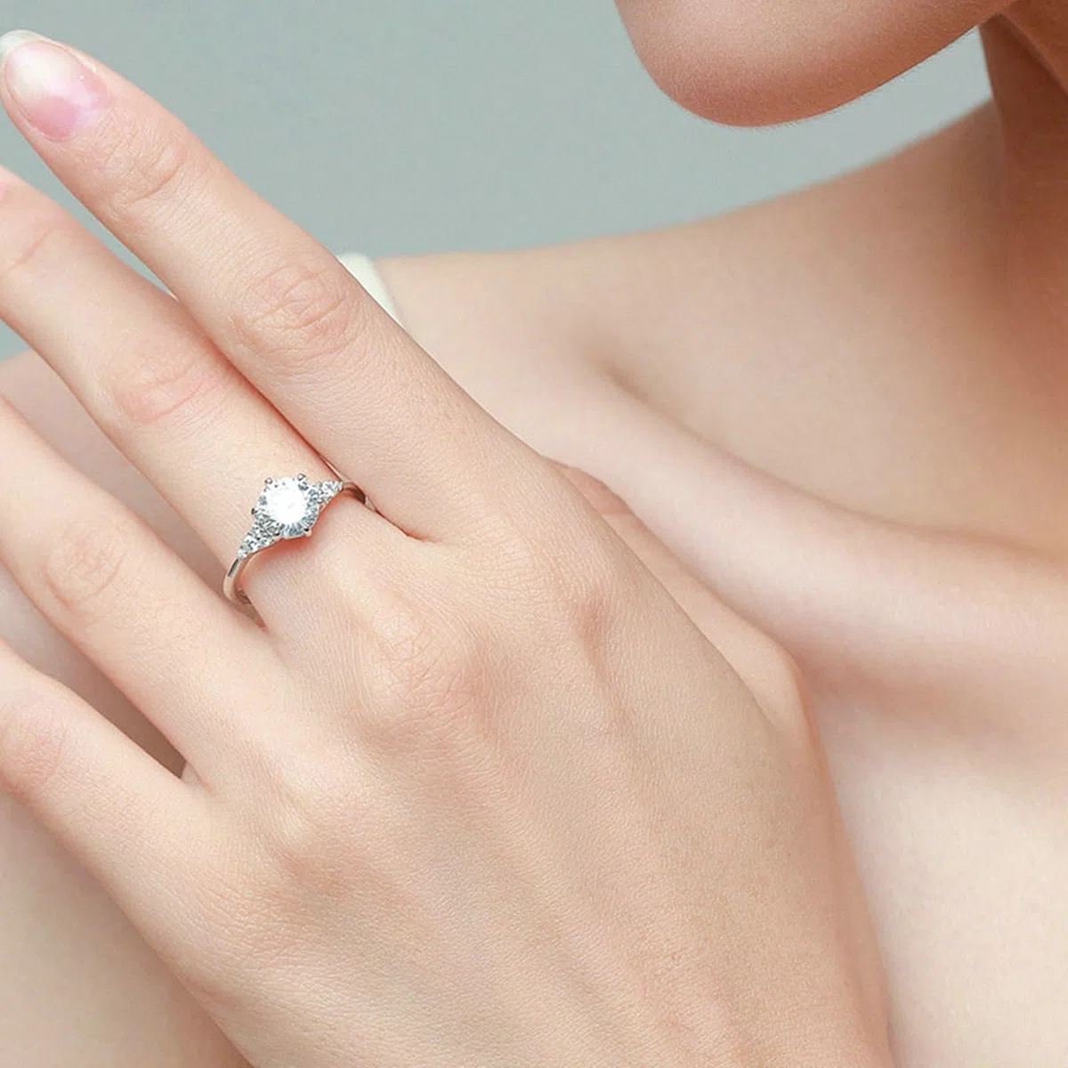 Anillo de oro blanco Moissanite 1ct, anillo de boda elegante de oro auténtico para mujer