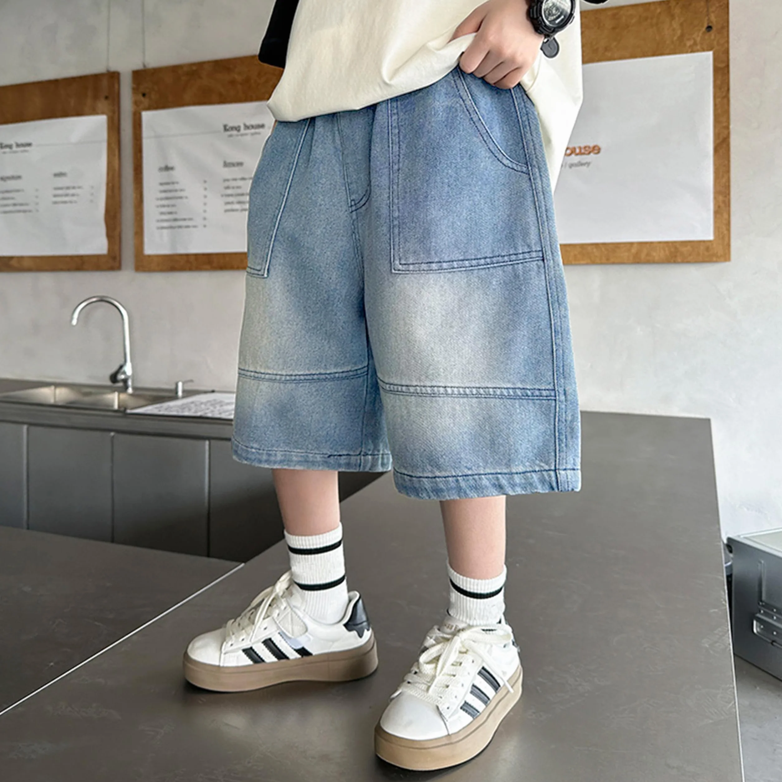 Pantalones Cortos Vaqueros Holgados para Niños, Cintura Elástica Pierna Ancha