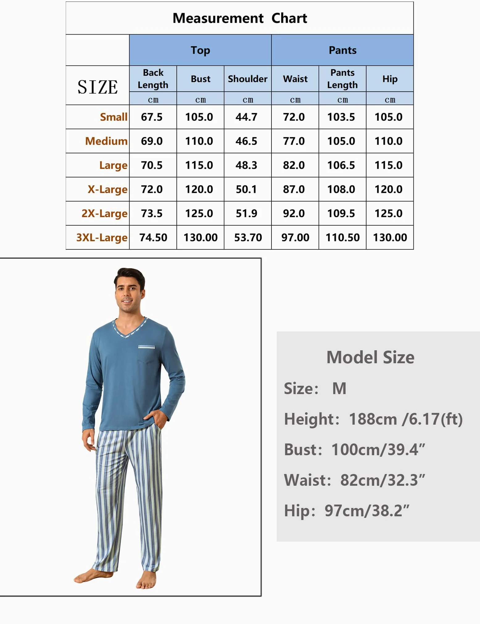Demegimi Pijama Hombre Invierno Algodón Rayas Pijamas de Manga Larga para Hombres Conjuntos de Pijama de 2 Piezas Ropa de Dormir Cuello en V y Pantalones Largos Suaves