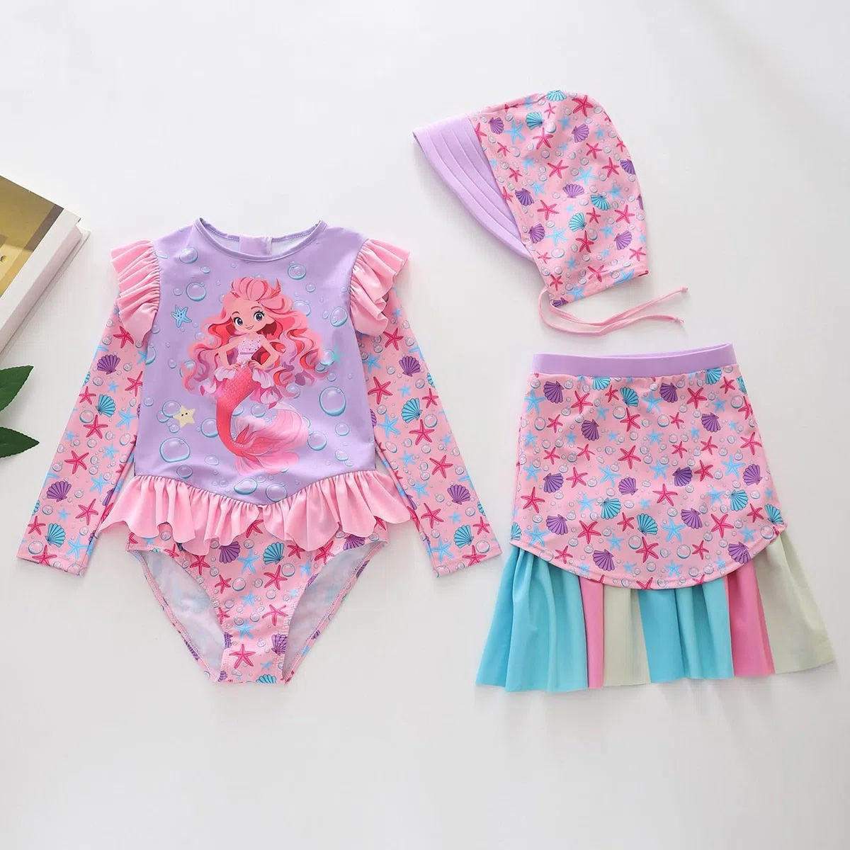 Generisch Bañador para niña de manga larga con estampado de escamas, dobladillo con volante y parte superior a juego