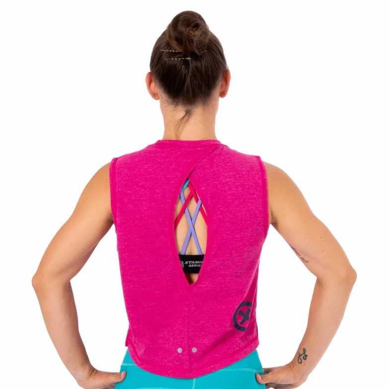 Camiseta sin Mangas Mujer Ecoactive WOD Tank Powered by Coffee Pink/Navy, Camiseta Deportiva Crop, Tejido Ecoactive, Back Loop, Costuras Planas, para Correr o Cross-Training