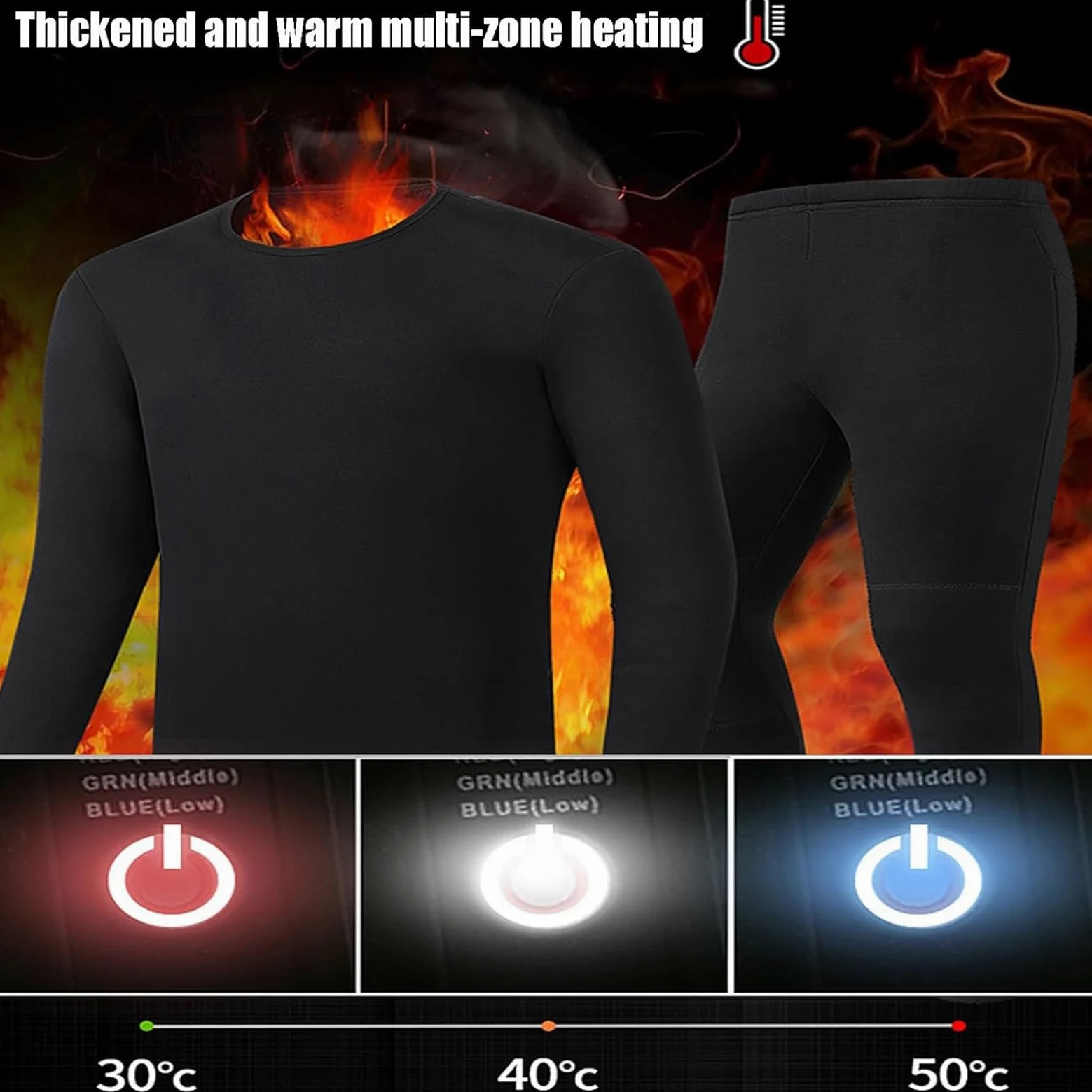 Ropa Interior Térmica Calefactada de Invierno para Hombre, Capa Base Calefactada con USB y 3 Controles de Temperatura, Camiseta y Pantalones Calefactados más Cálidos,L