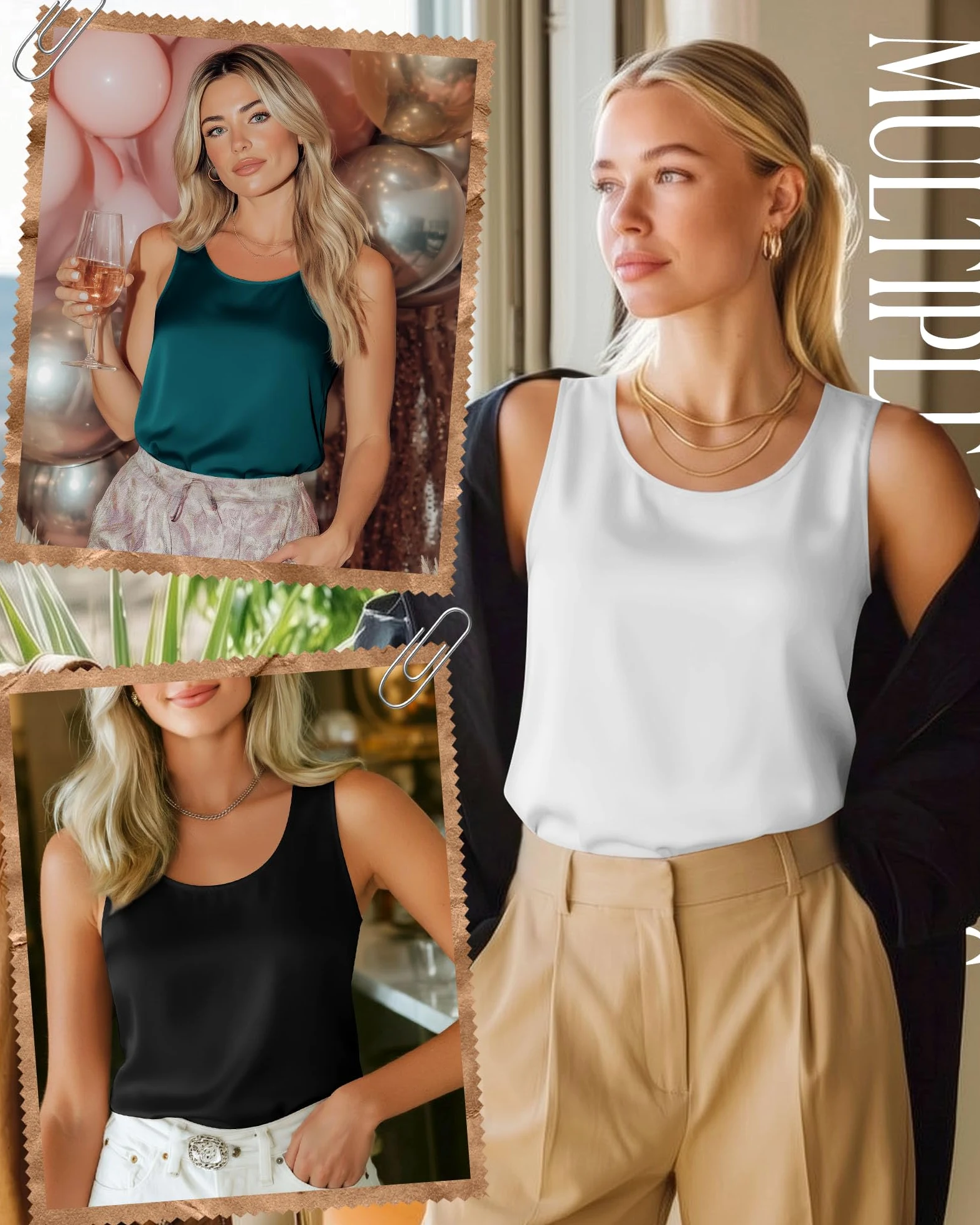 Lot De 3 Camisetas De Tirantes De Satén Mujer | Camisolas De Tacto Sedoso, Blusas Sin Mangas Con Cuello Redondo, Conjuntos Casuales De Oficina, Para Llevar Bajo Blazer