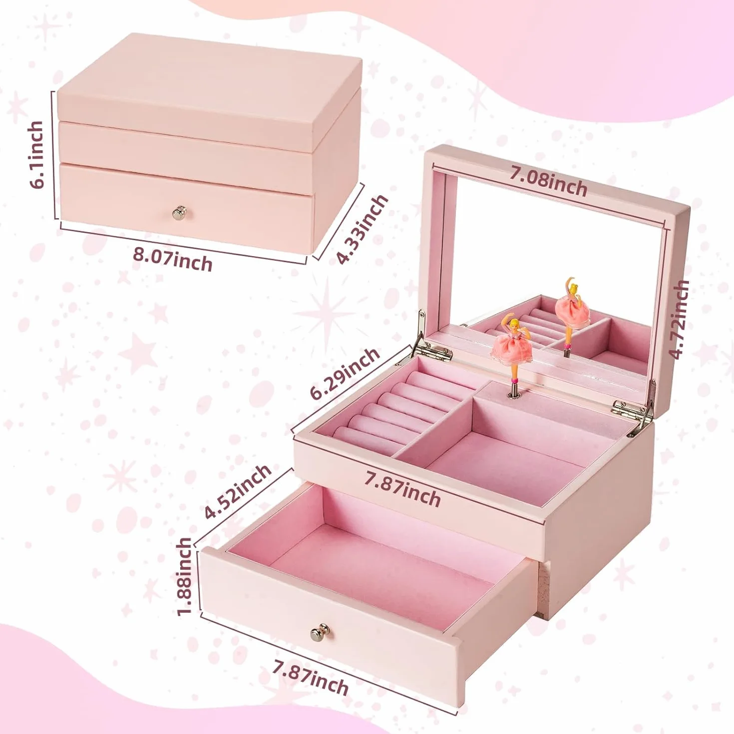 Joyero Musical Niña de Madera con Bailarina Giratoria, Regalo Navidad Cumpleaños (Rosa)