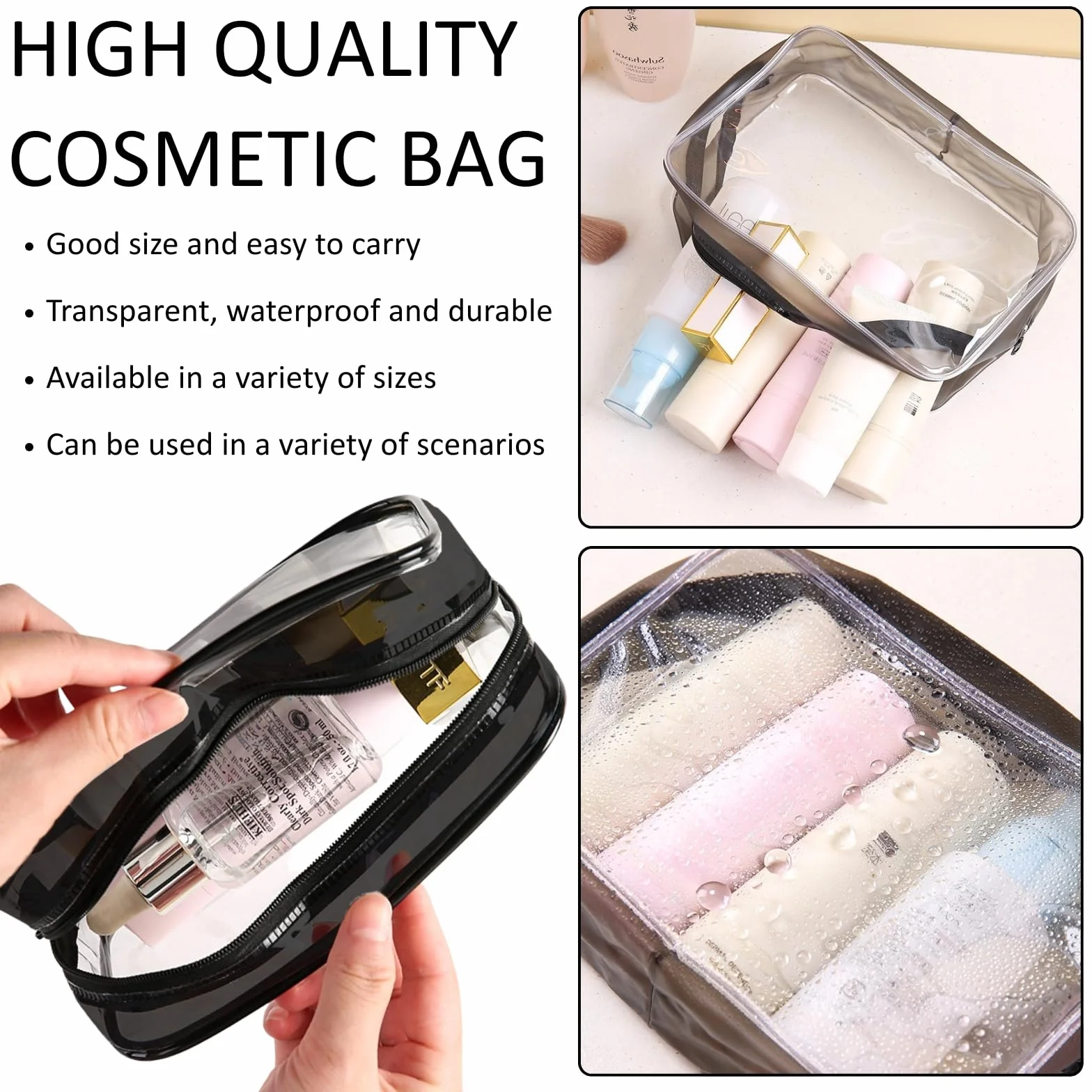 KEYRI 4 Piezas Neceser de Aseo Transparente Bolsas Portátil de PVC Bolsa de Cosméticos Impermeables Bolsa TSA Neceser de Viaje Avion Bolsa de Maquillaje para Mujeres y Hombres (Negro)