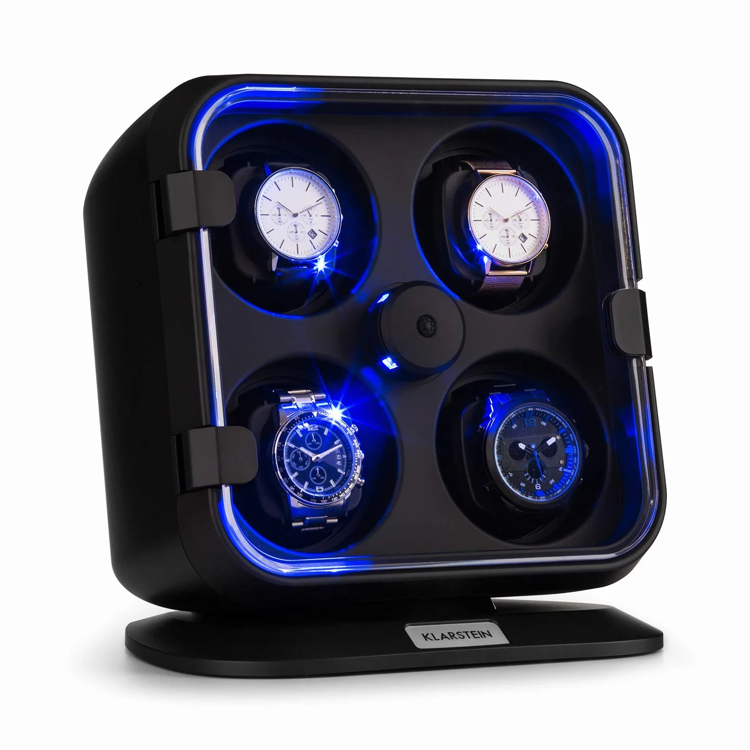 KLARSTEIN Caja Relojes Automáticos, Caja Giratoria Relojes 4 Compartimentos, Cajas para Relojes con Luz, Estuche para Reloj, 3 Velocidades de Rotación, Relojero con Cojines, Watch Winder, Negro