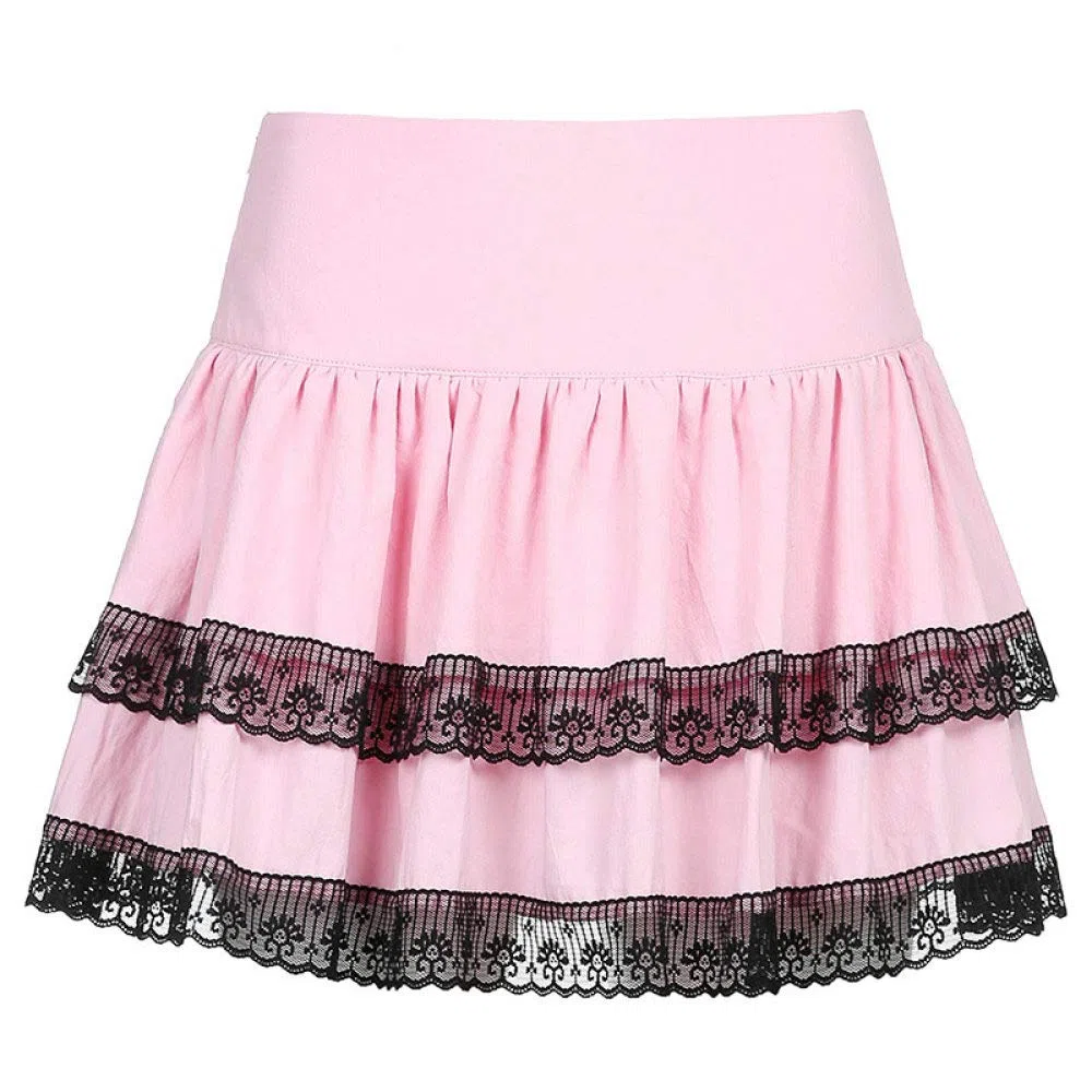 Falda Mujer Mini,Falda Acampanada De Cintura Alta Rosa Doble Capa Patchwork Encaje Kawaii Verano Plisado Falda Corta Dulce Linda con Cremallera para Niñas Damas Playa Fecha De Vacaciones Fiesta